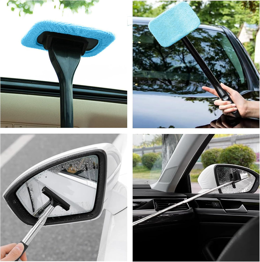Window Cleaner Tool, Car Windscreen Cleaner Extendable Car Window Squeegee Set with 2 Reusable and Washable Microfiber Pads for Home and Outdoor