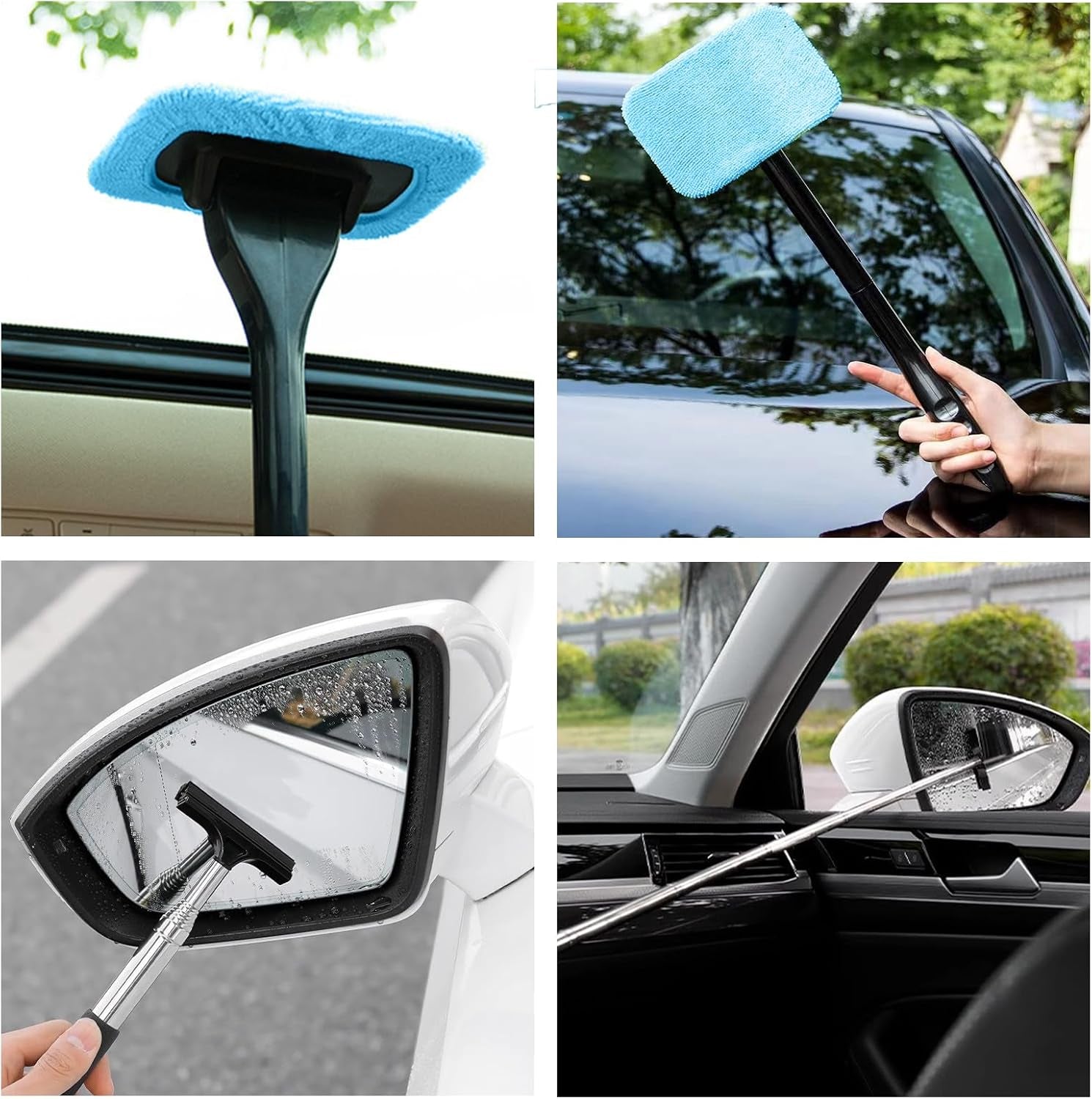 Window Cleaner Tool, Car Windscreen Cleaner Extendable Car Window Squeegee Set with 2 Reusable and Washable Microfiber Pads for Home and Outdoor