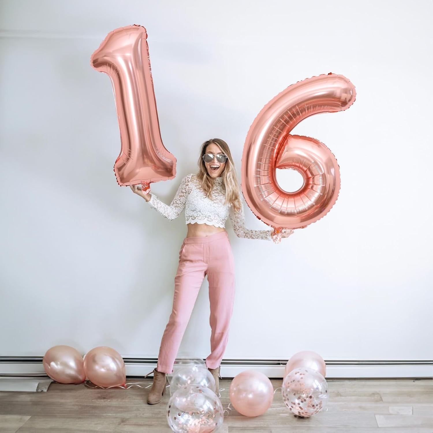 16Th Birthday Balloons for Girls, 40 Inch Foil Self Inflating Number 16 Balloons with Rose Gold Confetti Balloons, Large Balloons for Women 61St Birthday Party Decor Anniversary Decorations Supplies