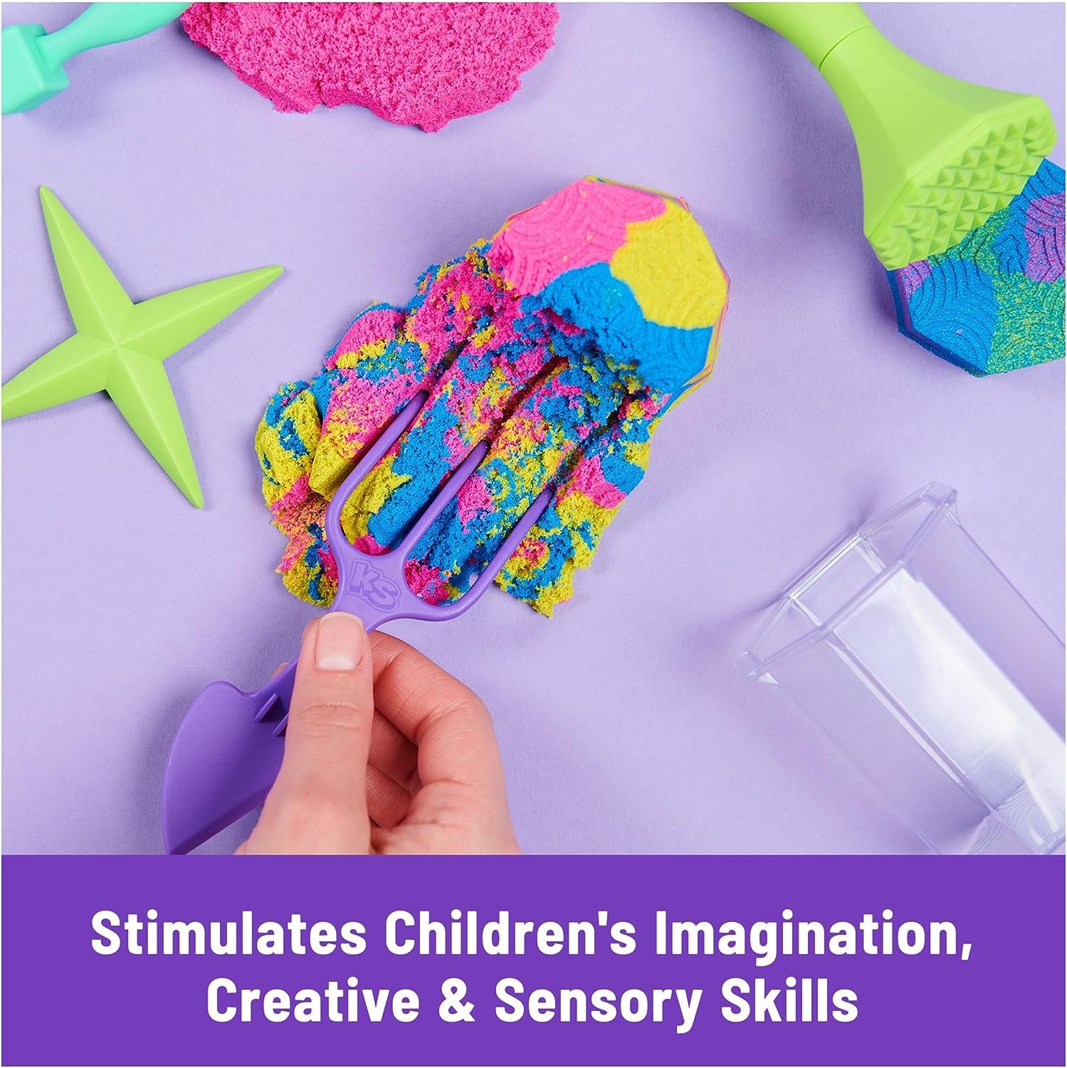 , Squish N’ Create Playset with 13.5Oz Blue, Yellow & Pink Play Sand, 5 Tools, Sensory Toys for Kids Ages 3 and Up