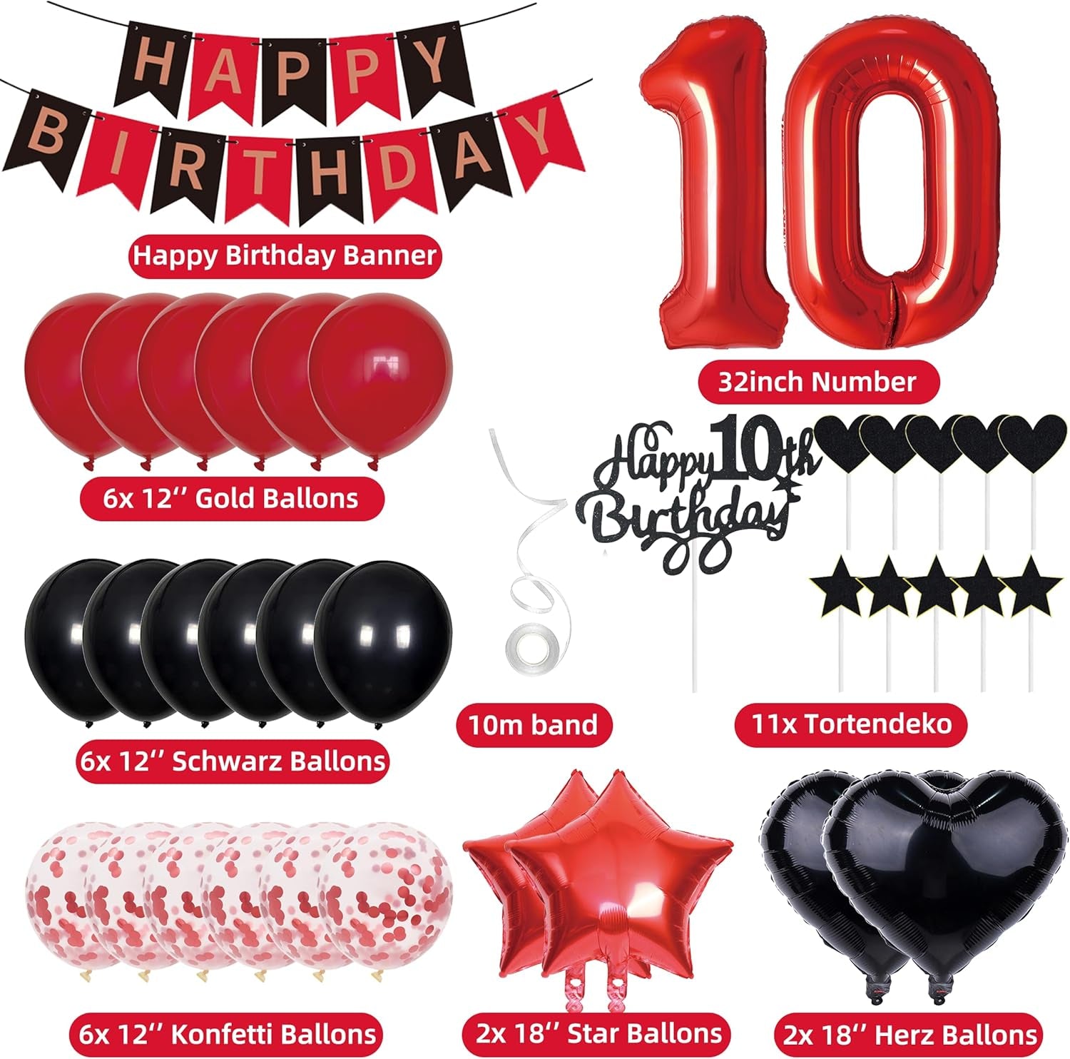10Th Birthday Decorations for Boy Girl - Red Black Cake Decoration Set with Happy Birthday Banner - Number 10 Party Supplies