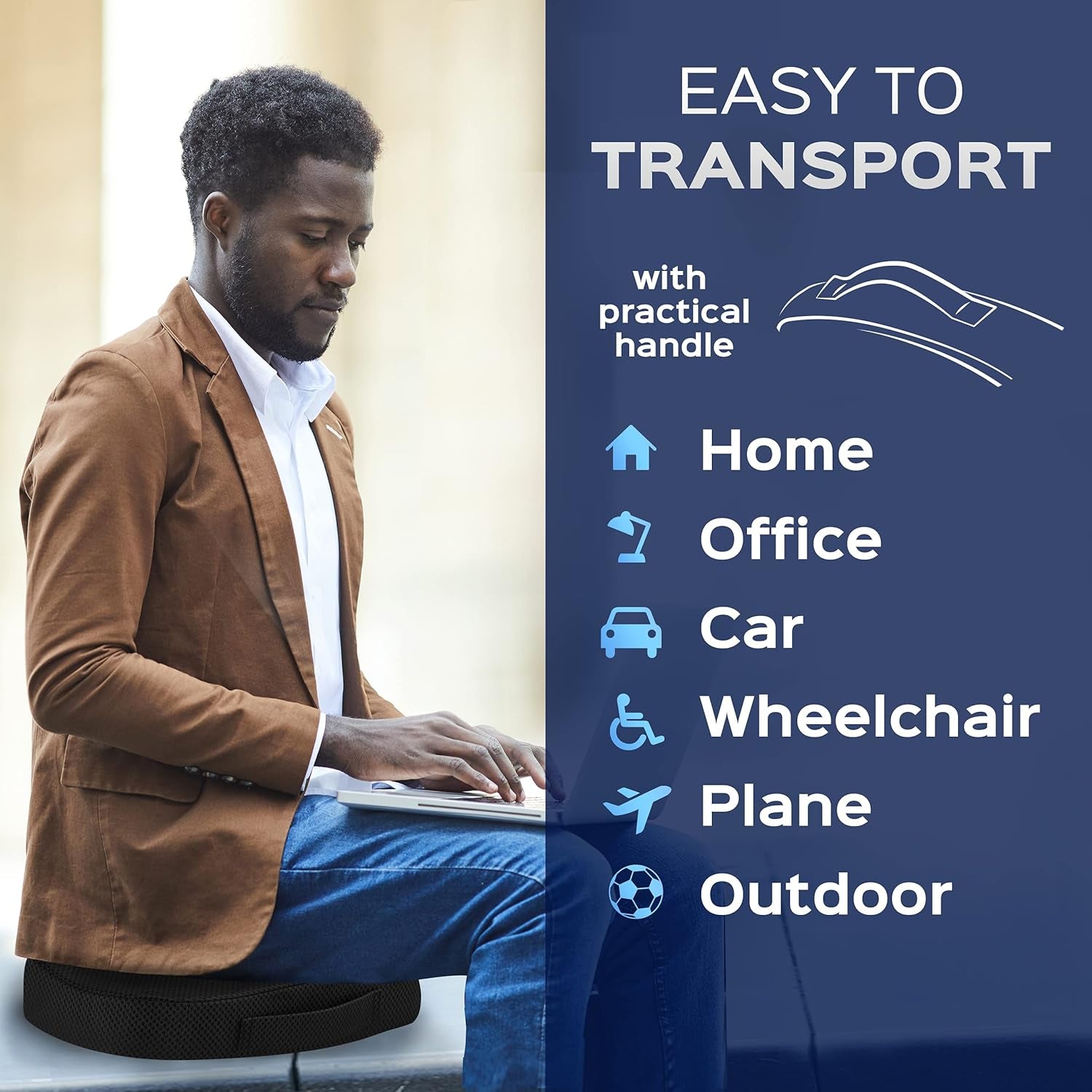 Memory Foam Seat Cushion for Office Chair - Non-Slip, Seat Pads for Coccyx Pain Relief to Support Standing - Portable Car Seat Cushion W/Handle for Lower Back Support