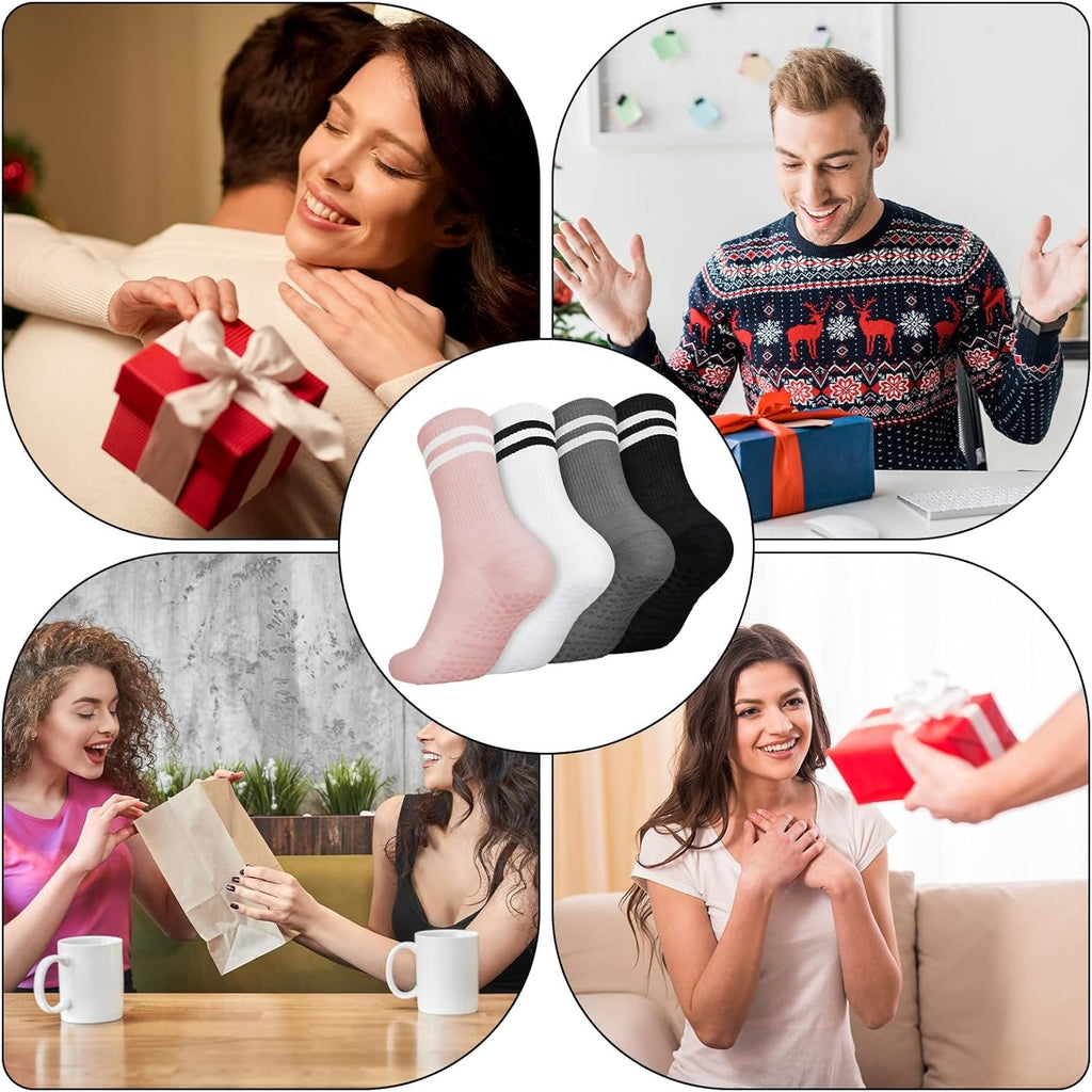 4 Pairs Yoga Grip Socks Women, Non Slip Pilates Socks Grippy Socks Ladies Mid-Calf Grip Socks Breathable Cotton Socks for Ballet, Dance, Workout, Fitness, Running