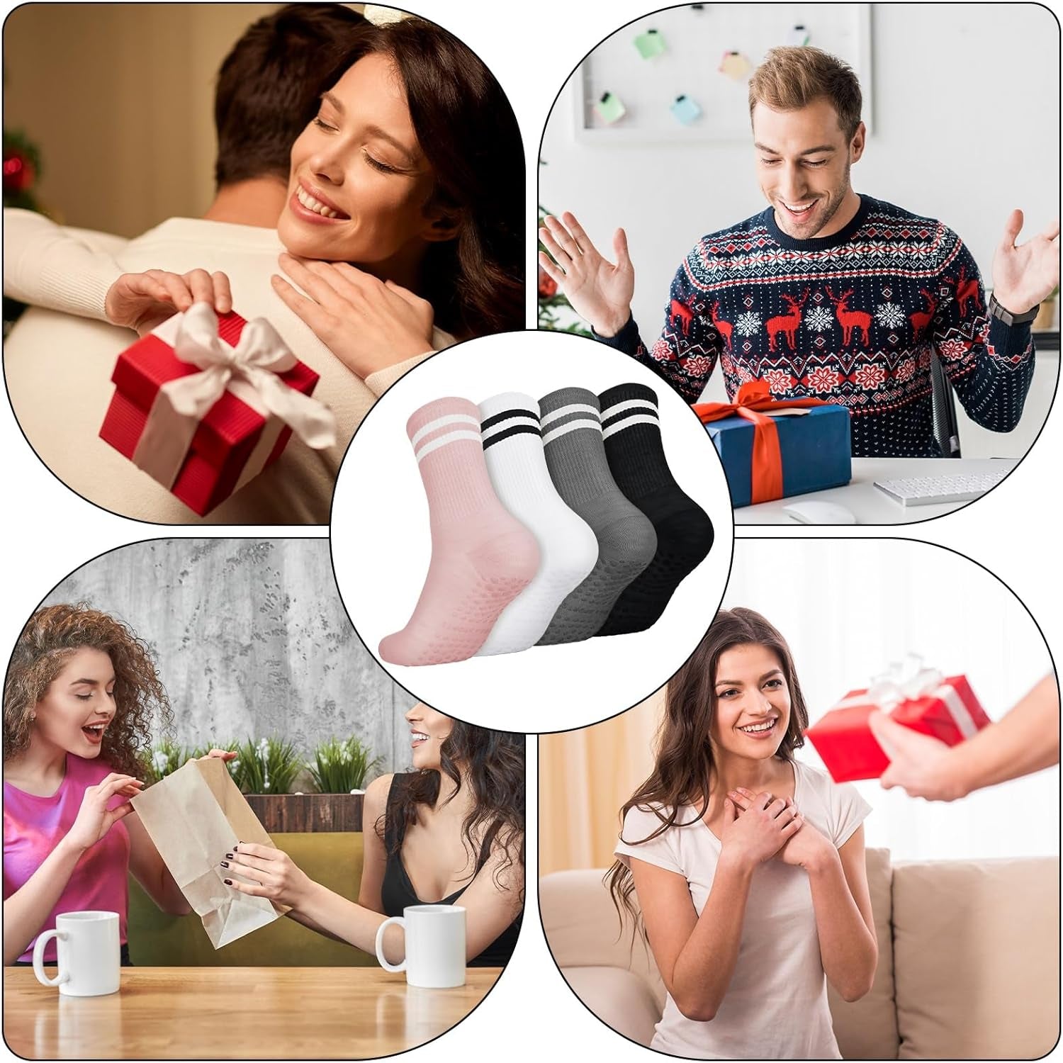 4 Pairs Yoga Grip Socks Women, Non Slip Pilates Socks Grippy Socks Ladies Mid-Calf Grip Socks Breathable Cotton Socks for Ballet, Dance, Workout, Fitness, Running