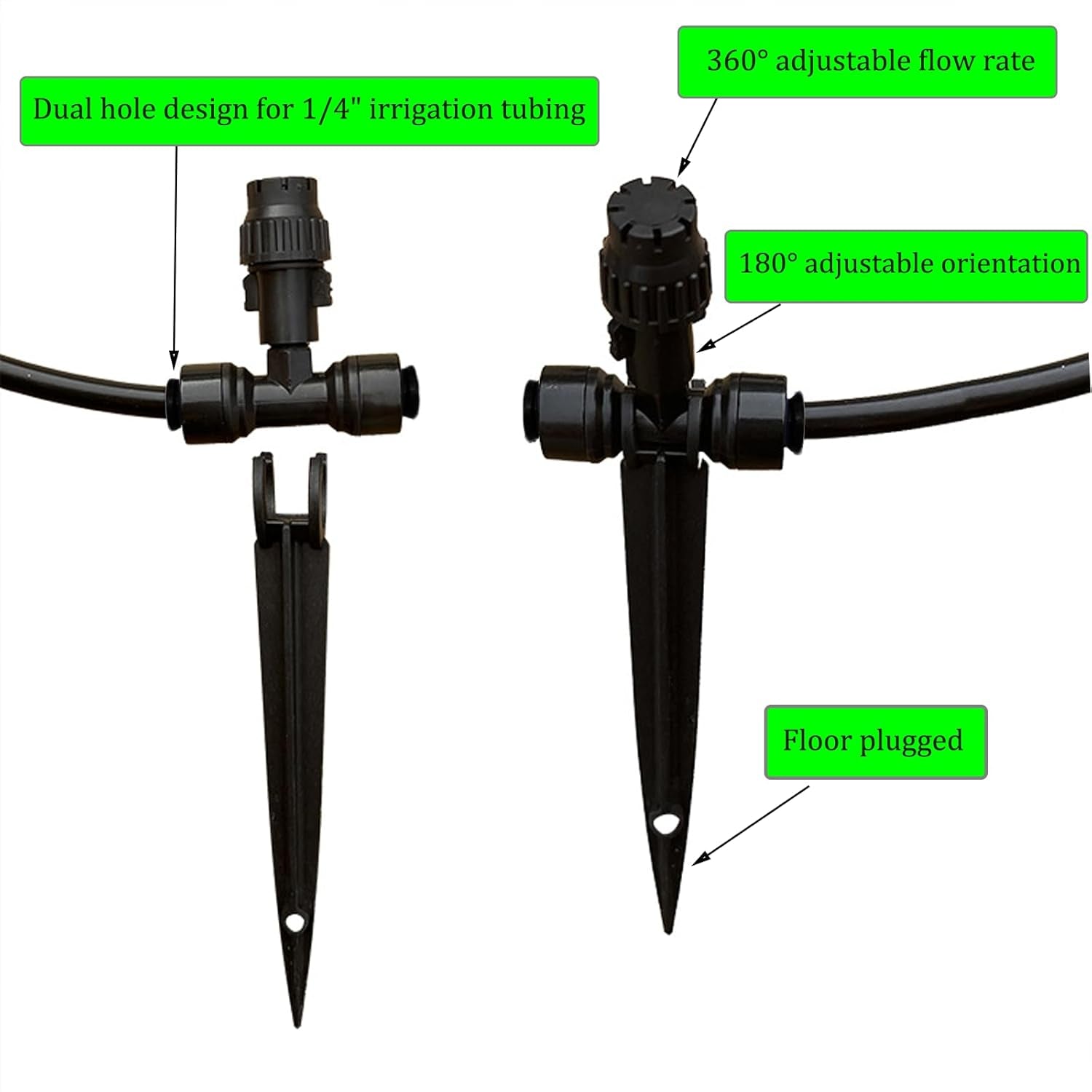 Drip Irrigation Emitters, 360 Degree Adjustable Water Flow, Black Plastic Rotary Sprinklers, 20PCS with 4 Plugs for 1/4 Inch Tubing, Gardens, Potted Plants, Farmland