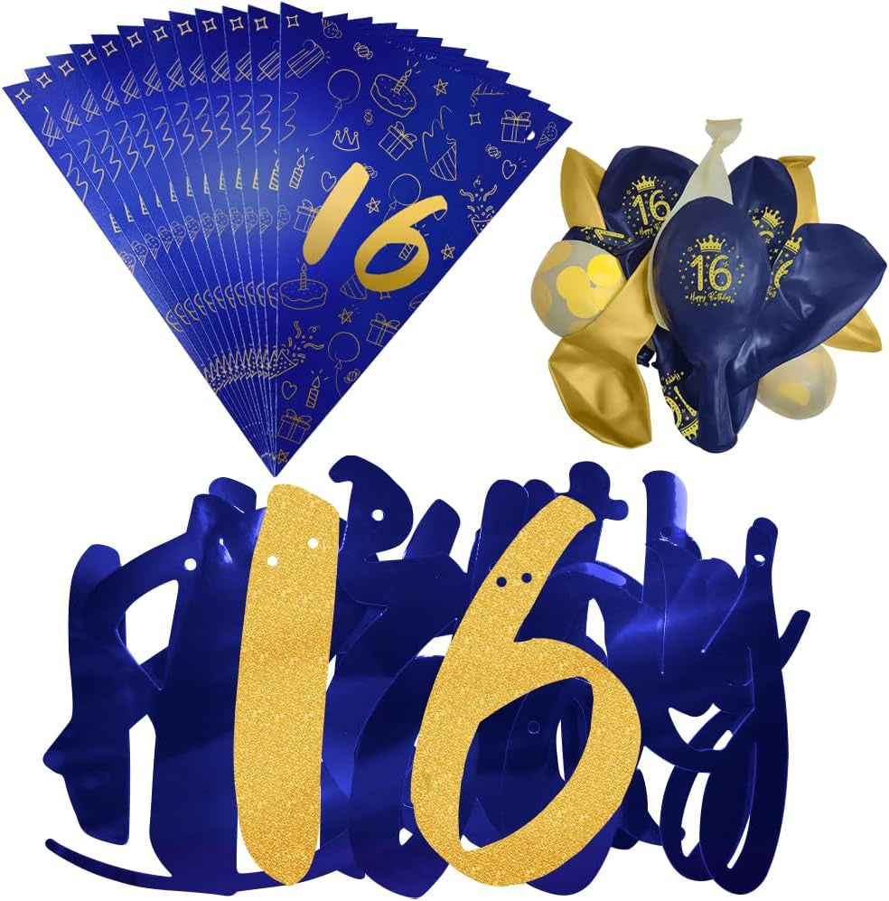 Navy Blue & Gold 16Th Birthday Party Decorations - Boys Happy Birthday Banner & Bunting Kit by