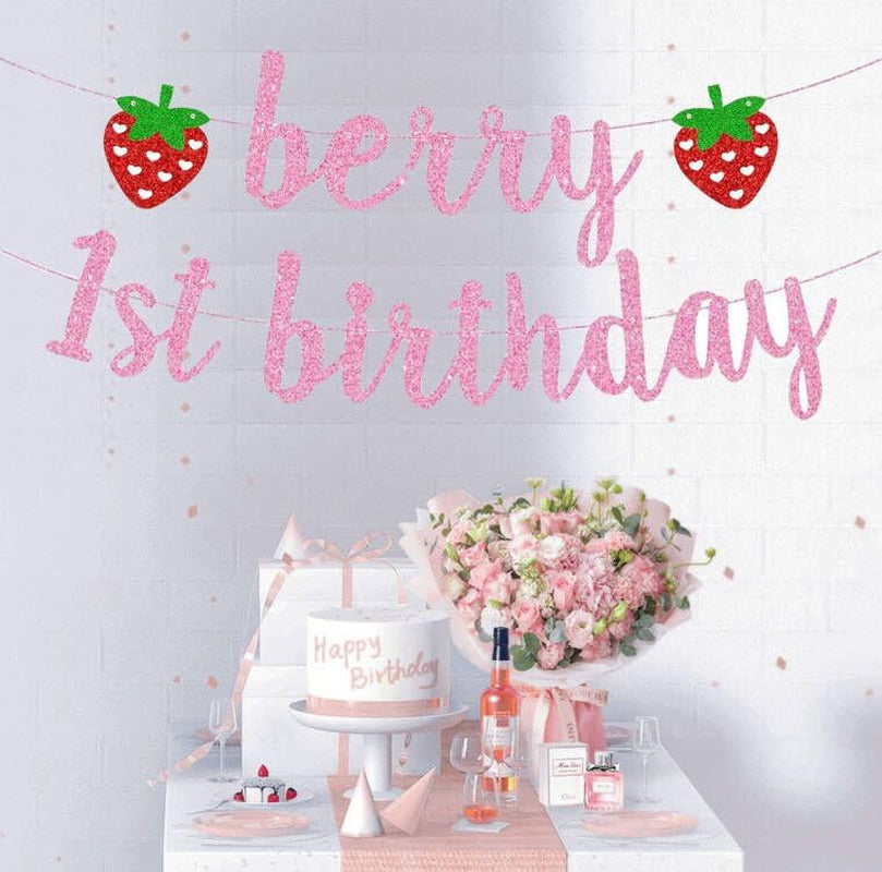 Glitter Berry 1St Birthday Banner Garland Strawberry Themed Decorations, Girls' First Birthday Decor Summer Fruit Theme Party Supplies
