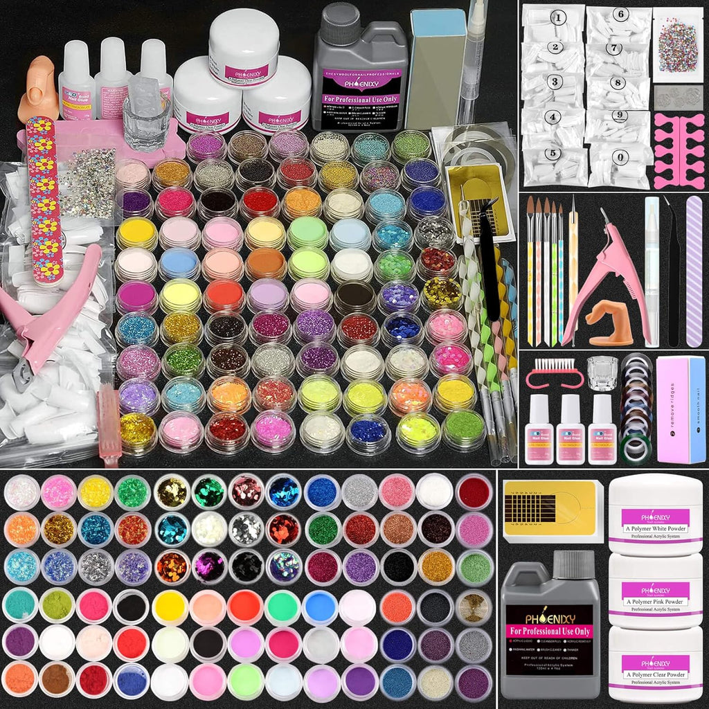 Acrylic Nail Kit,  78 in 1 Acrylic Powder and Liquid Kit Glitter Clear Pink White Powder for Beginners Professional Acrylic False Nail Art Extension Kit Nail Tips Manicure Set