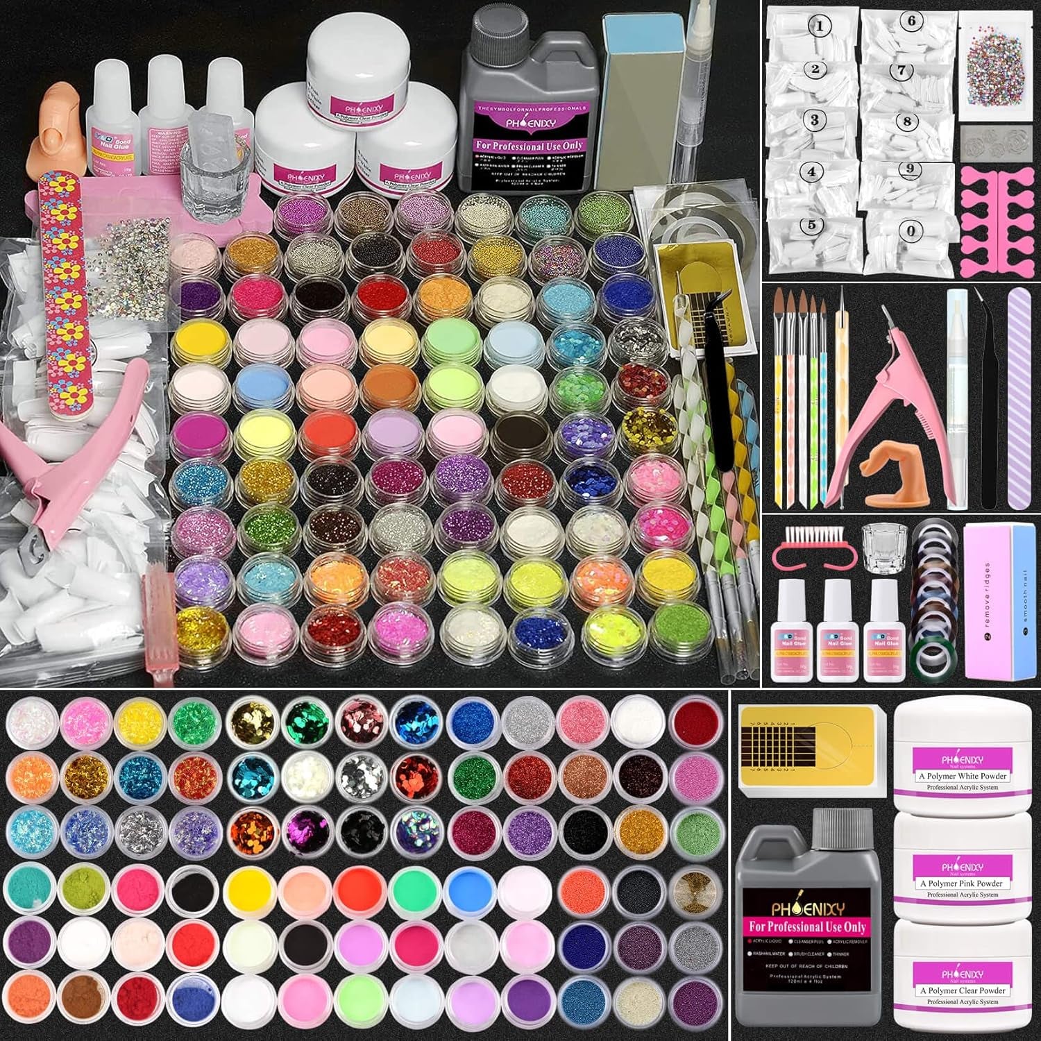 Acrylic Nail Kit,  78 in 1 Acrylic Powder and Liquid Kit Glitter Clear Pink White Powder for Beginners Professional Acrylic False Nail Art Extension Kit Nail Tips Manicure Set