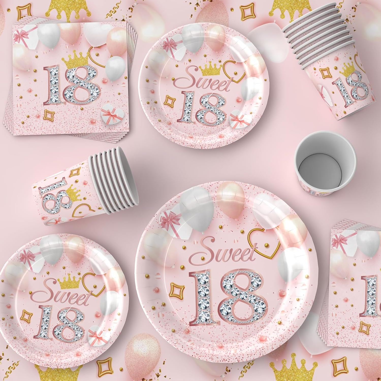 69Pcs Pink Happy 16Th Birthday Party Tableware Decorations for Girls, Disposable Set with Tablecloth, 7Inch Paper Plates, Napkins, Cups
