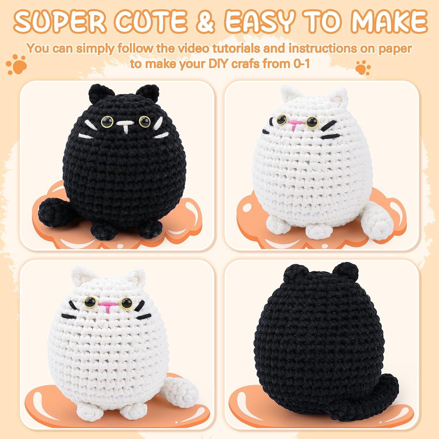 Crochet Kit for Beginners Animal Cat Crochet Kit for Adults Kids, Knitting Kits Complete Crochet Set with Step-By-Step Video Tutorials, 2Pcs Cat Crochet Animal Kit Surprise Gift