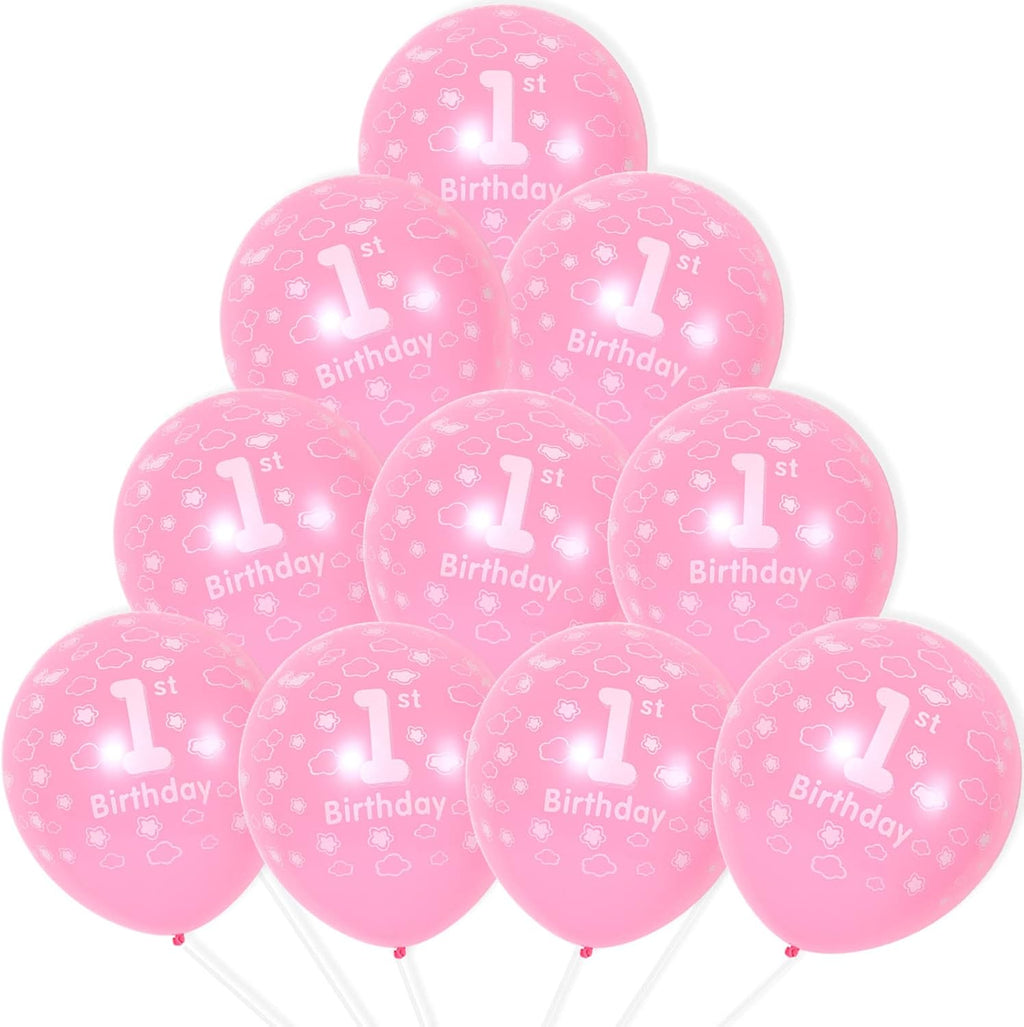 1St Birthday Pink Balloons - Happy 1St Birthday Decorations for Baby Girl'S Party, Pack of 10 with Spare & Ribbon