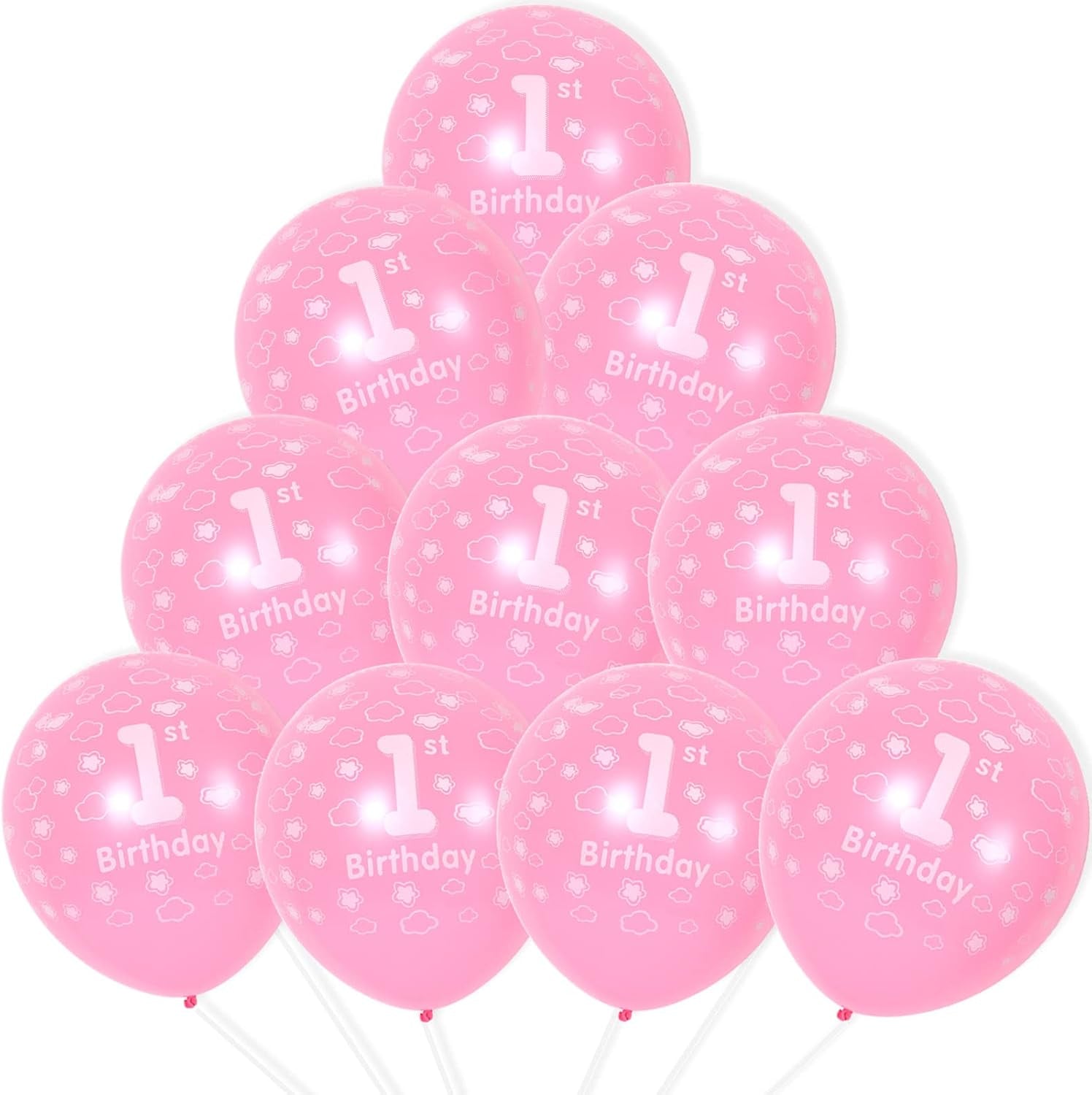 1St Birthday Pink Balloons - Happy 1St Birthday Decorations for Baby Girl'S Party, Pack of 10 with Spare & Ribbon