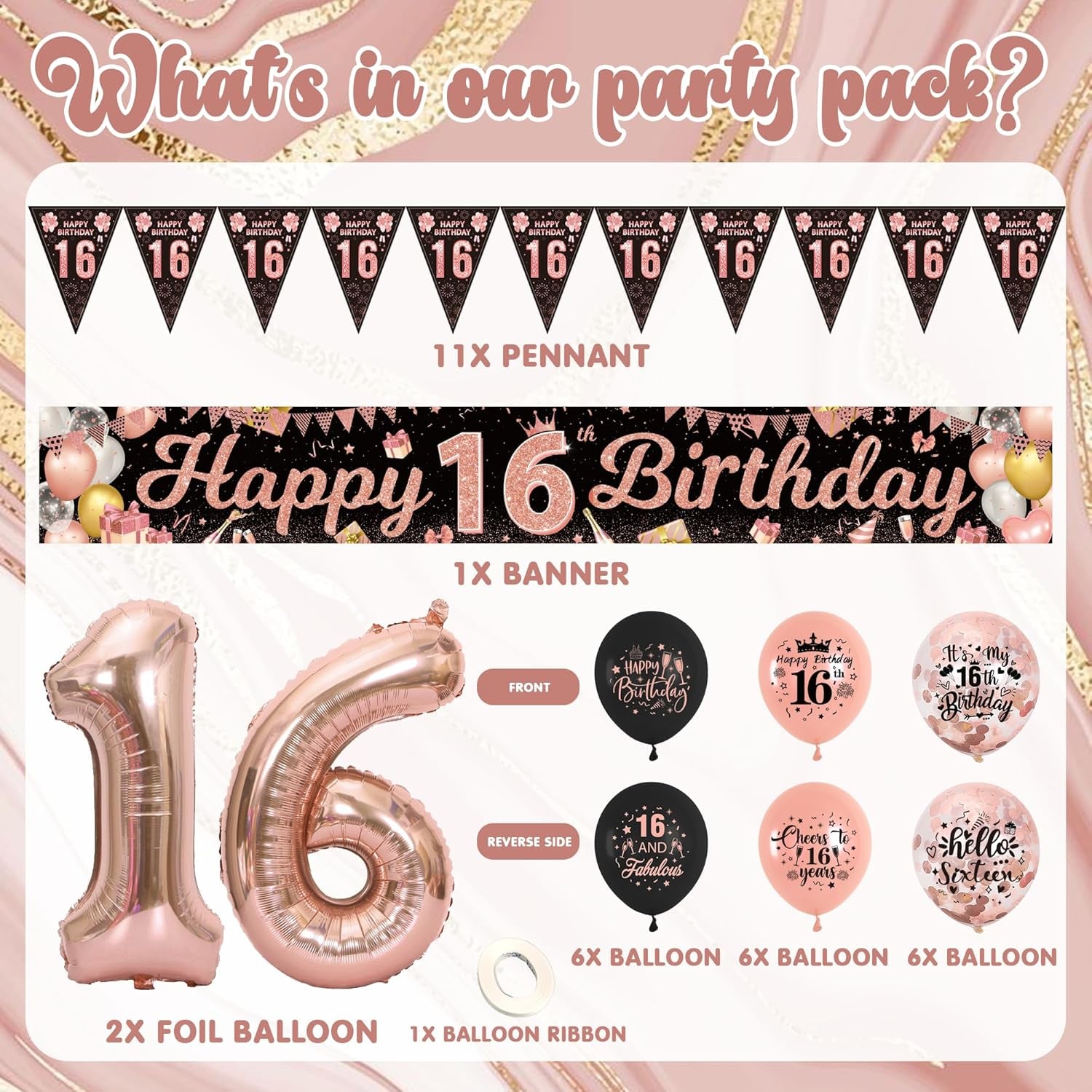 16Th Birthday Decorations for Girls - Rose Gold 16Th Birthday Decorations Includes 16Th Birthday Banner, Latex Balloons, Pennants, Number Balloons, for Indoor and Outdoor 16Th Birthday Party