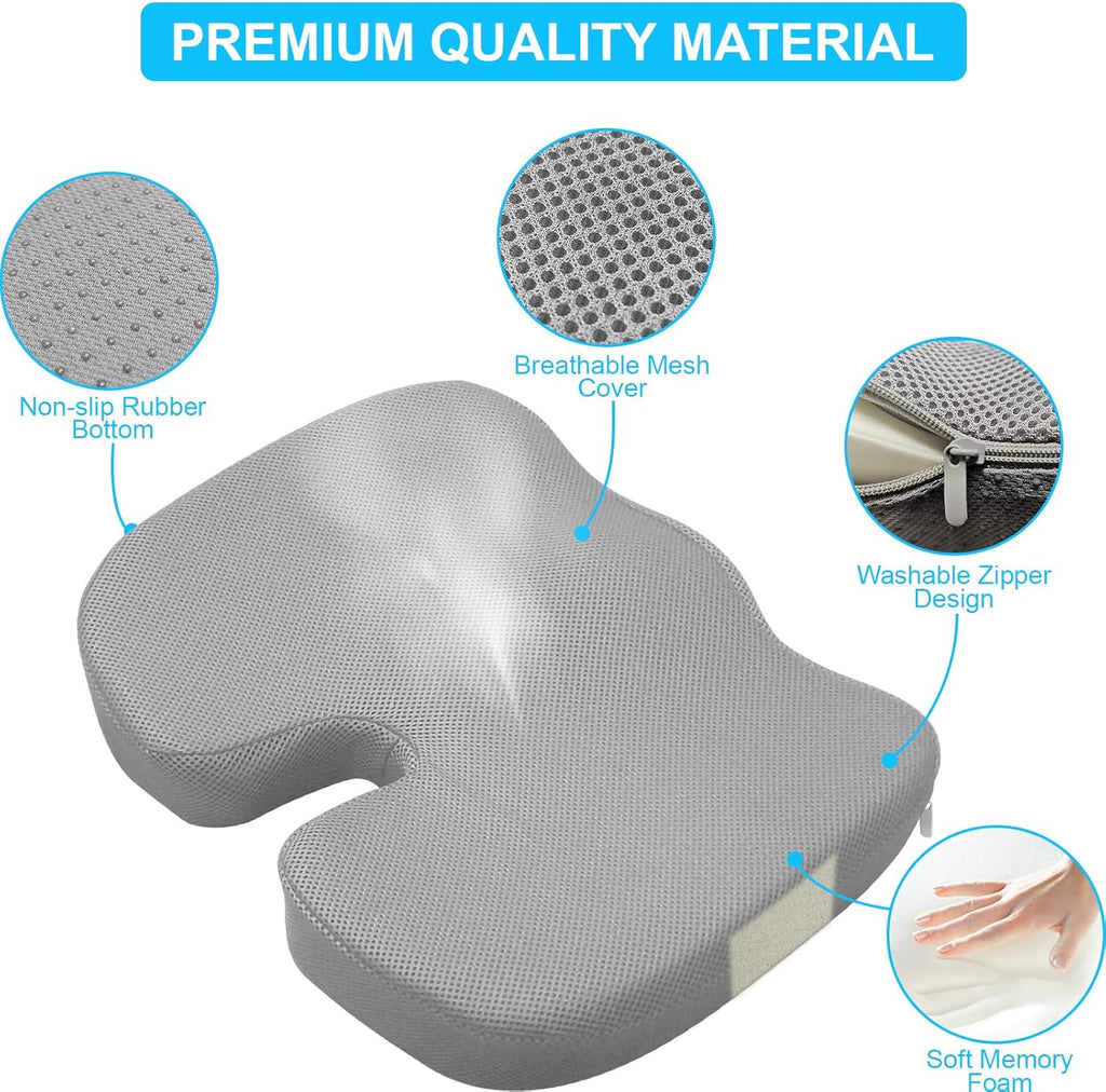 Memory Foam Seat Cushion, Back Support, Coccyx Sciatica Back Hip Pain Relief, Mat for Home, Office Chair, Gaming, Car, Wheelchair (Gray)