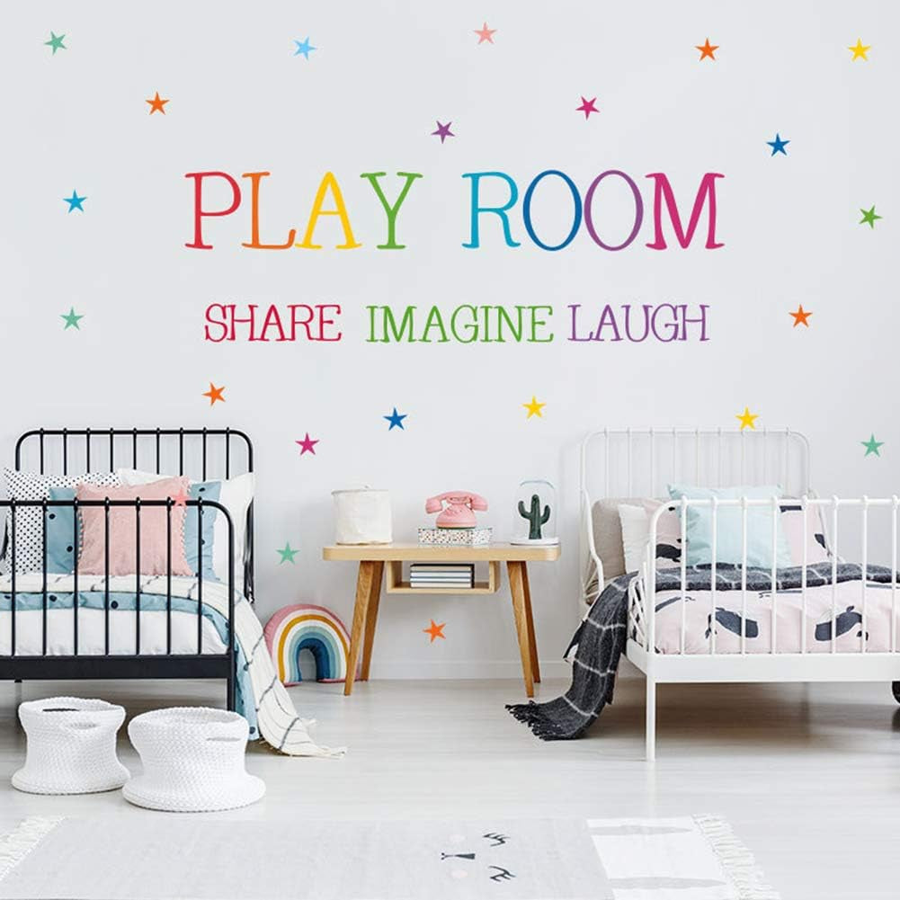 Playroom Share Imagine Laugh Wall Art - Colorful Inspirational Lettering Quote with Stars Wall Decal Sticker for Nursery Classroom Playroom Decoration (Play Room)