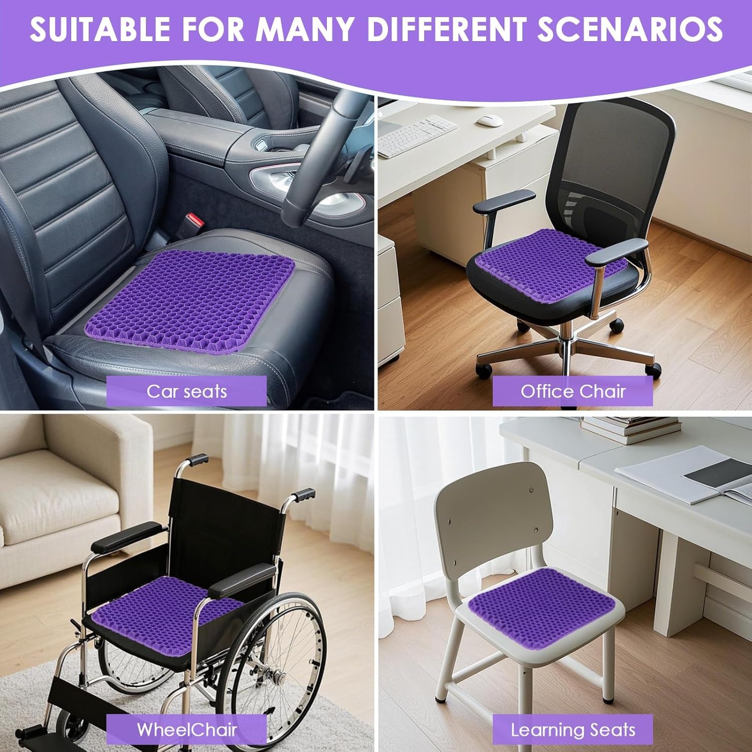 Gel Soft Sitter Cushion, Honeycomb Design Seat Cushions with Cloth Cover, Relieving Back Coccyx Pain Pressure, Ergonomic Design for Seat Pads(Purple, 42Cm)