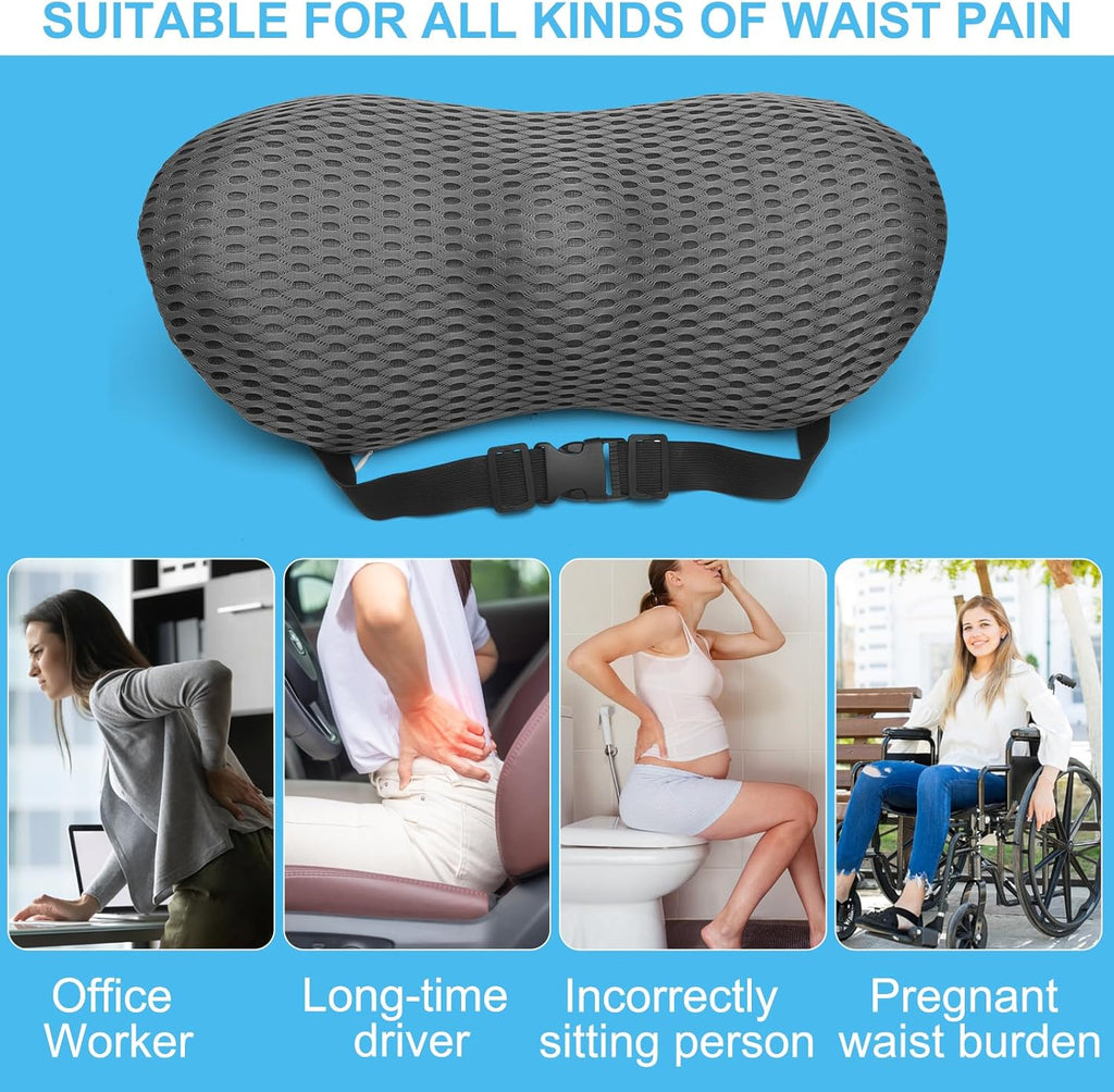 Lumbar Support Memory Foam Pillow, Lumber Support Cushions with Detachable Elastic Strap for Car Office Chair, Adjustable Car Seat Back Support Pillow for Promotes Back Pain Relief