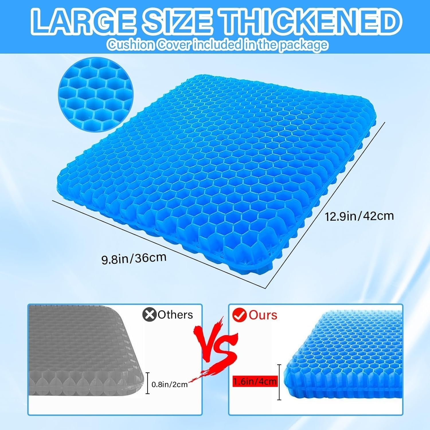 1.4"(4CM) Thick Gel Seat Cushion, Double Large Breathable Honeycomb Design Cool Gel Cushion with Washable Seat Cover for Office Chair Car Wheelchair,Pressure Relief Back Tailbone Pain