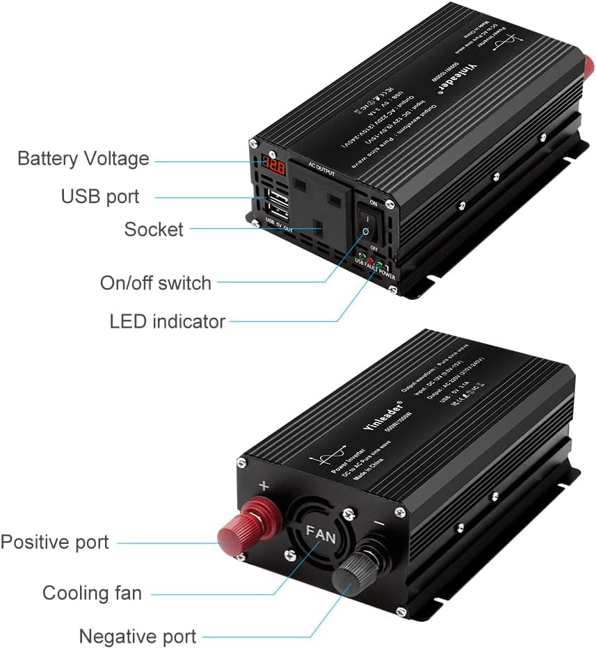 500W Pure Sine Wave Power Inverter DC 12V to 240V AC 1 UK Socket 2 USB Port LED with Cigarette Lighter