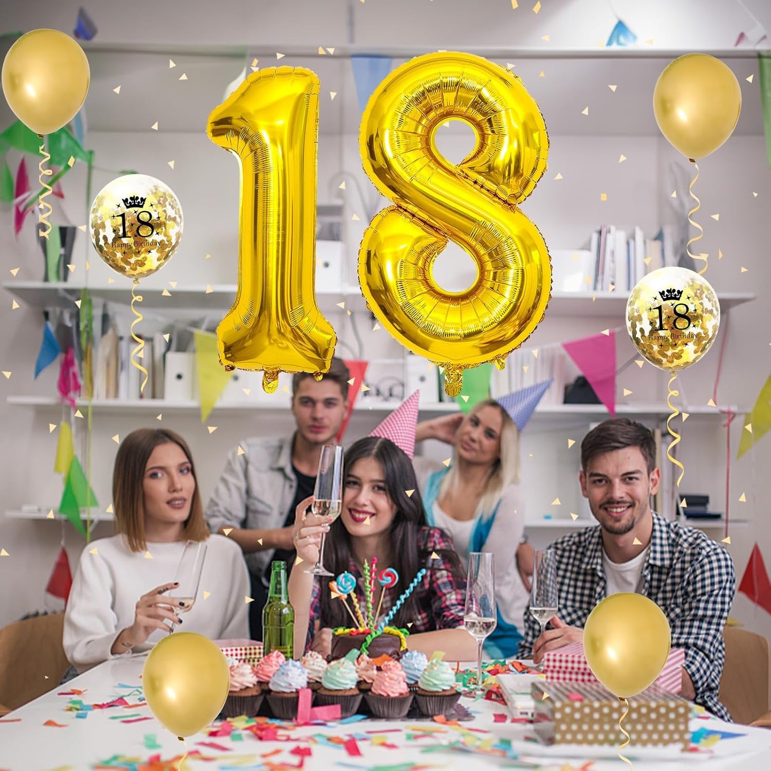 18Th Birthday Decorations for Girls, 18Th Birthday Balloons with 40 Inch Gold Foil Number 18 Balloon Gold Birthday Print Confetti Balloons Metallic Latex Balloons Set for Boys 18 Birthday Decorations