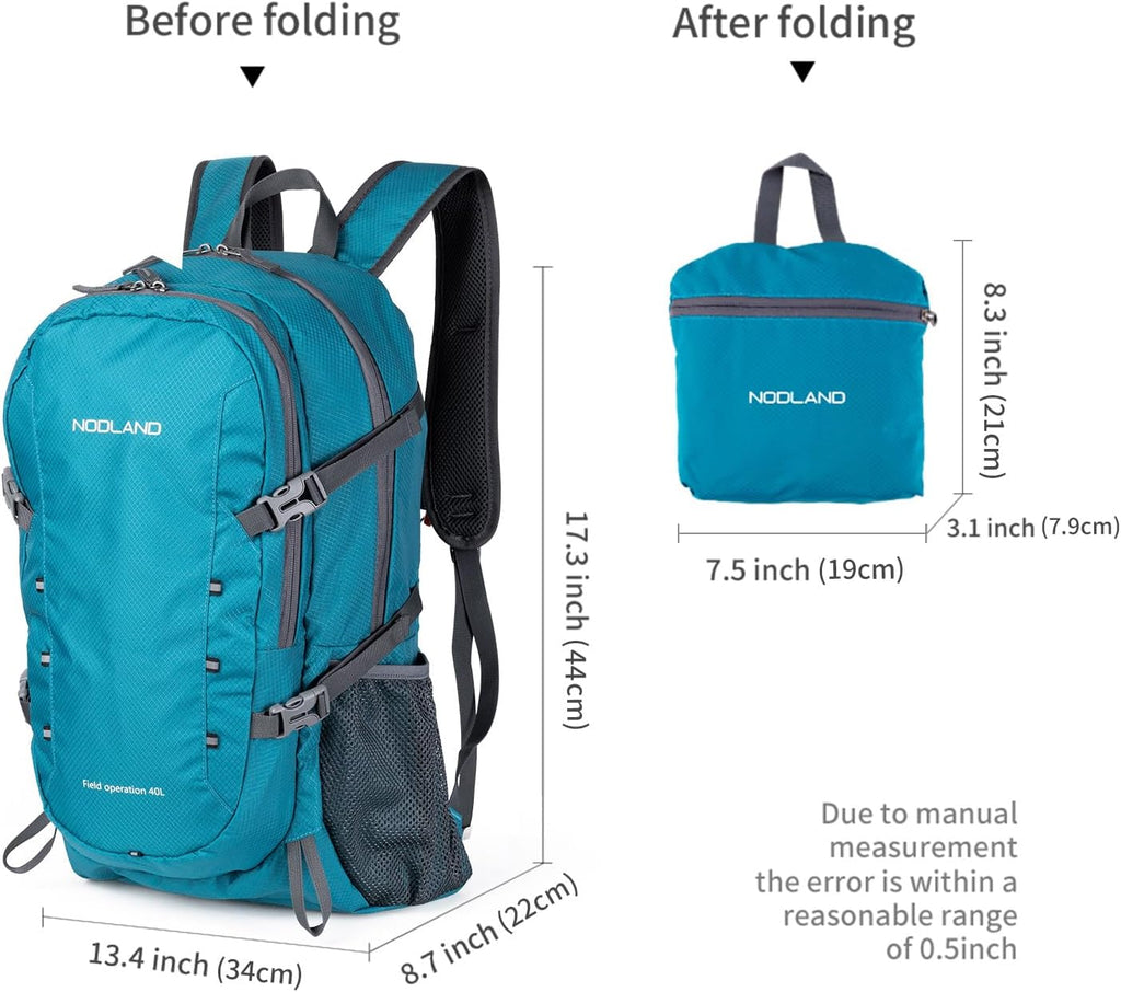 NODLAND Lightweight Backpack Travel 40L Foldable Water-Resistant Daypack, Hiking Outdoor Camping Rucksack for Men Women