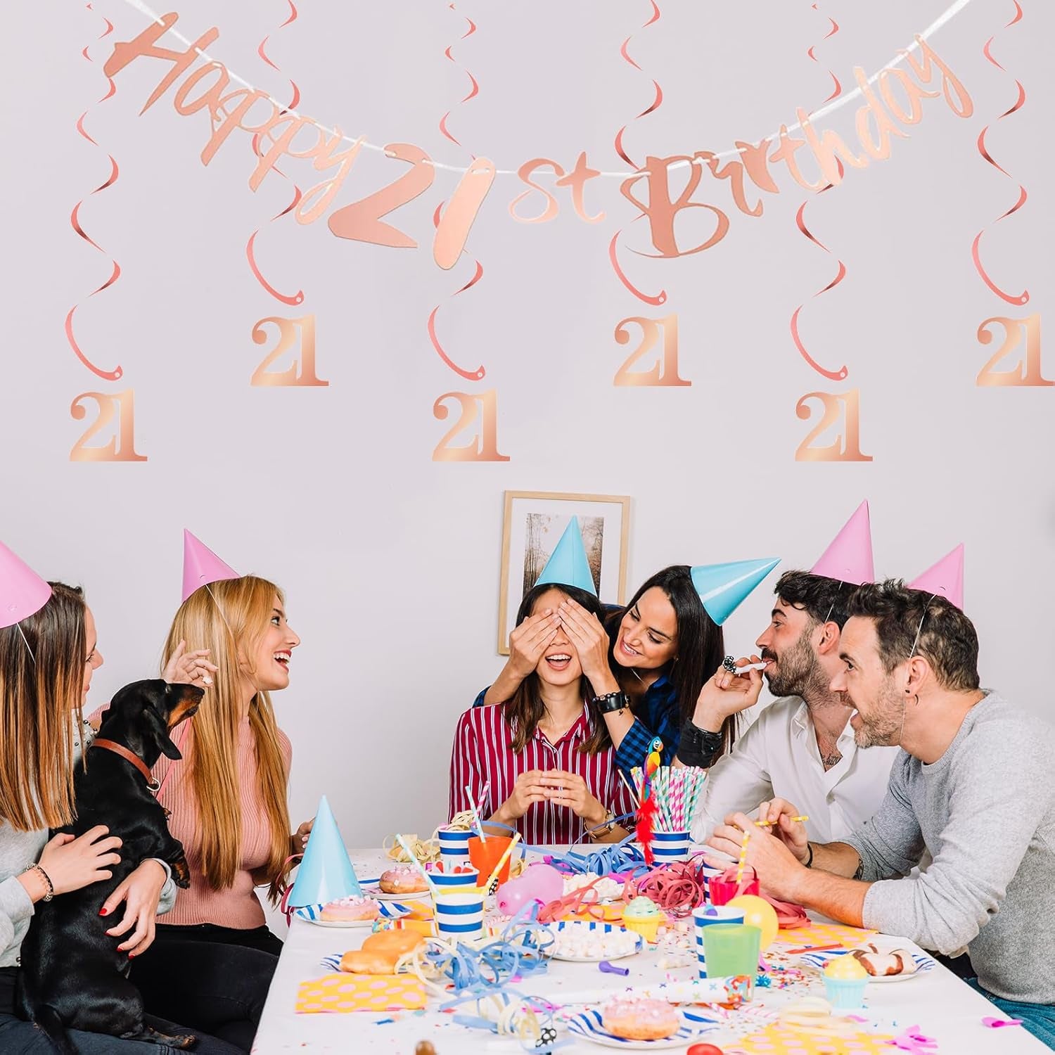 16Th Birthday Bunting Banner, Hanging Swirls Streamers, 16Th Birthday Decorations Set for Girls 16 Years Old Birthday Decorations Party Decor - Rose Gold