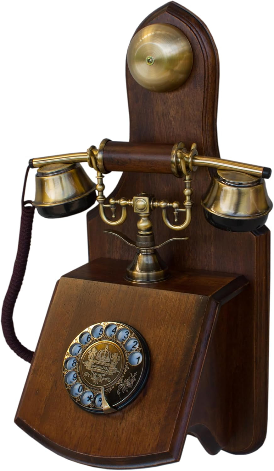 Opis 1921 Cable Model D: Wall Mounted Real Wood Desktop Retro Landline Rotary Phone in the Style of an Antique Vintage Dial House Telephone