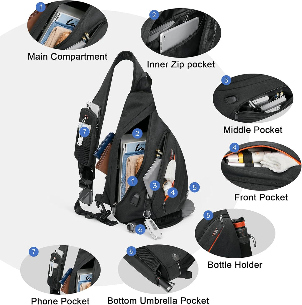 Sling Backpack, 8 Pockets Sling Bag Crossbody, 19L Large Sling Bag for Men Travel Crossbody Backpack Hiking Outdoor