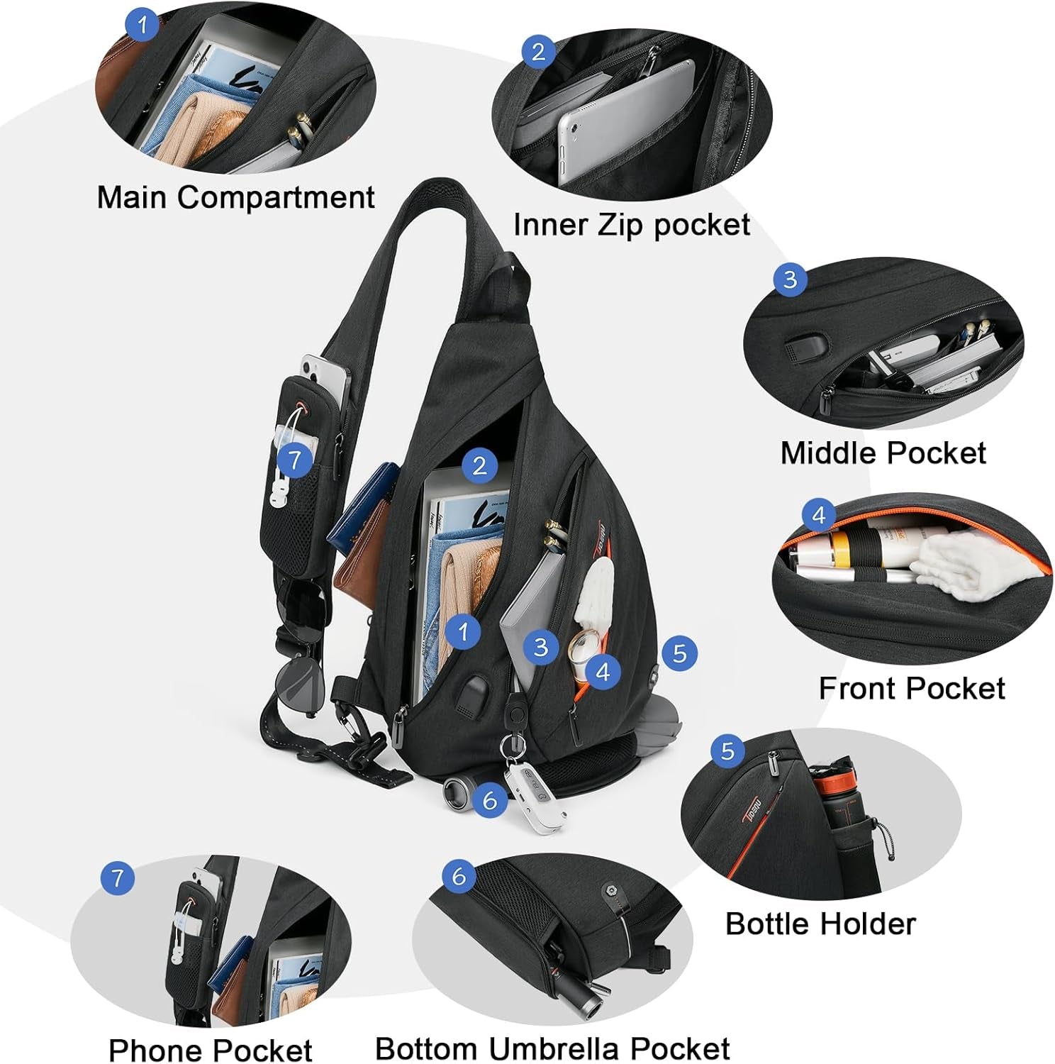 Sling Backpack, 8 Pockets Sling Bag Crossbody, 19L Large Sling Bag for Men Travel Crossbody Backpack Hiking Outdoor