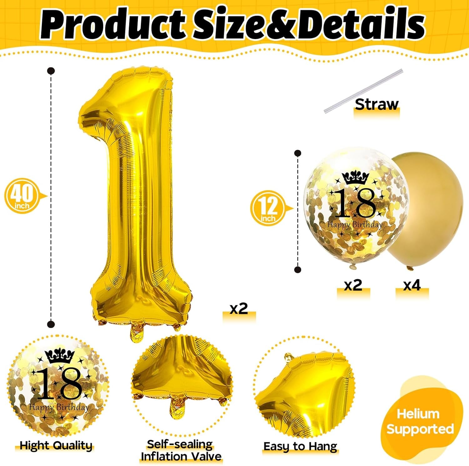 18Th Birthday Decorations for Girls, 18Th Birthday Balloons with 40 Inch Gold Foil Number 18 Balloon Gold Birthday Print Confetti Balloons Metallic Latex Balloons Set for Boys 18 Birthday Decorations