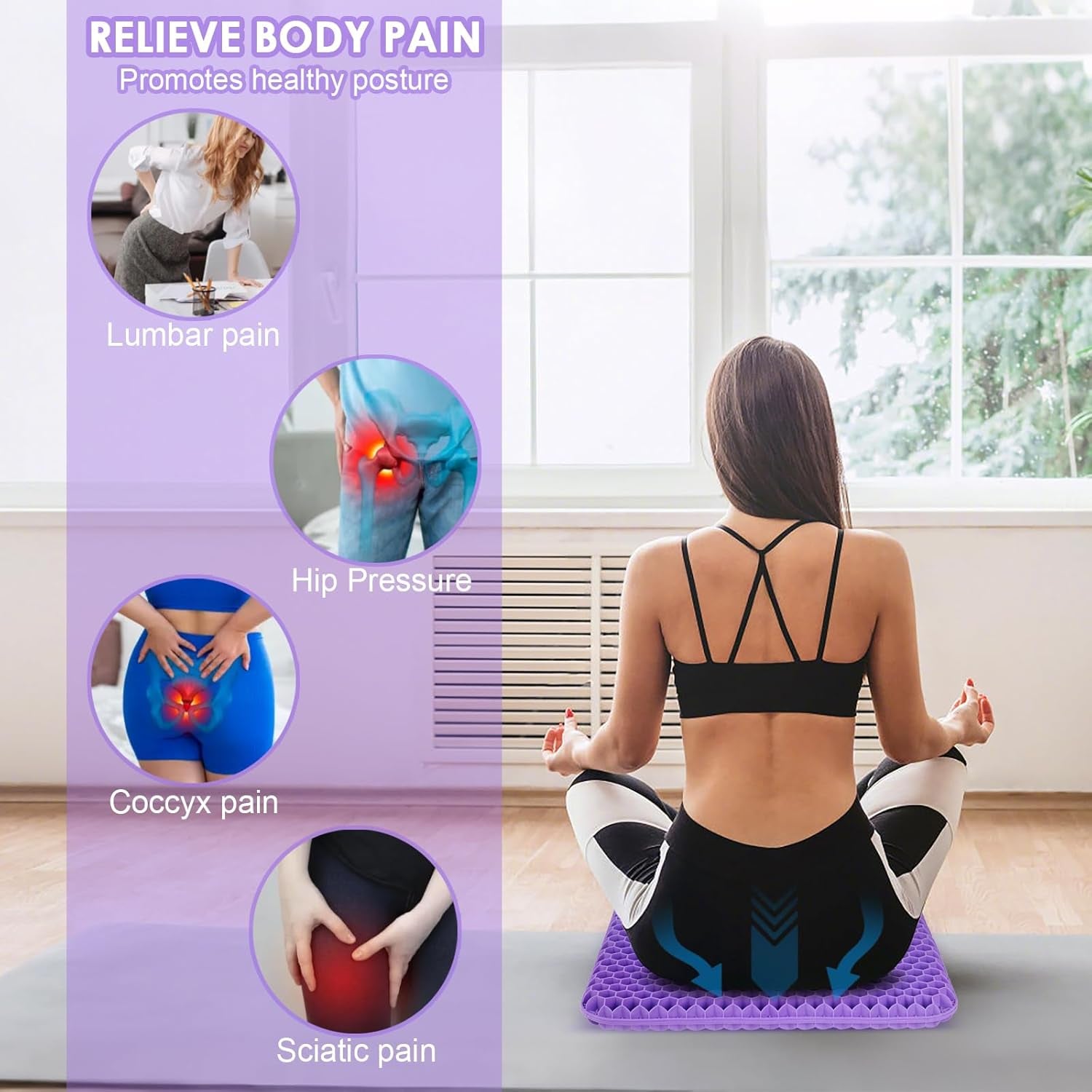 Gel Soft Sitter Cushion, Honeycomb Design Seat Cushions with Cloth Cover, Relieving Back Coccyx Pain Pressure, Ergonomic Design for Seat Pads(Purple, 42Cm)