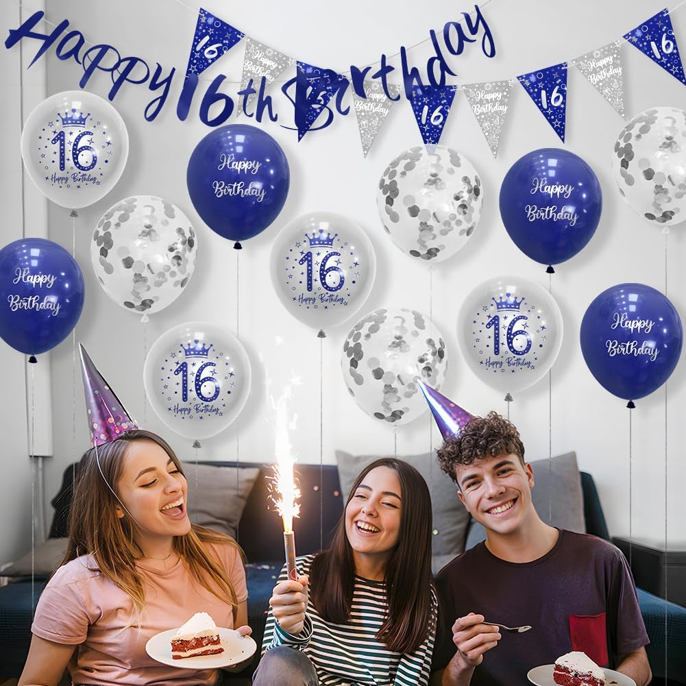 Boys 16Th Birthday Decorations Blue Silver Party Kit - Happy Birthday Banner Bunting