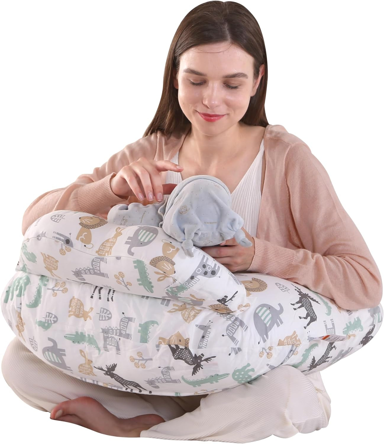 Nursing Pillow for Breastfeeding Baby, Multifunctional Breast Feeding Pillow with Adjustable Waist Strap and Safety Fence, 100% Cotton Removable Pillowcase, Animal Pattern