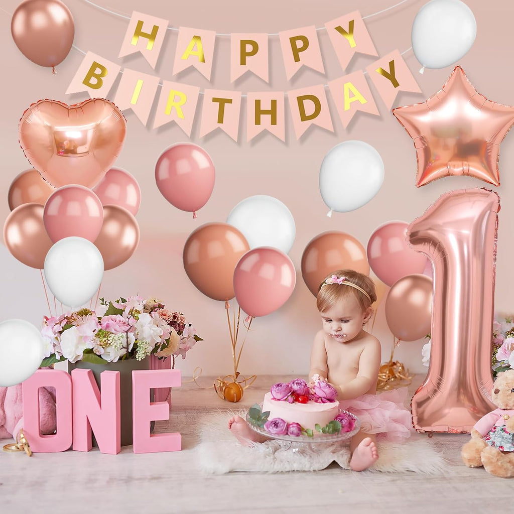 Boho St Birthday Decorations for Girls, Dusty Pink Rose Gold White Balloons with 40 Inch Number  Star Heart Foil Balloons Birthday Banner for  Year Old Groovy Anniversary Baby Shower Decor