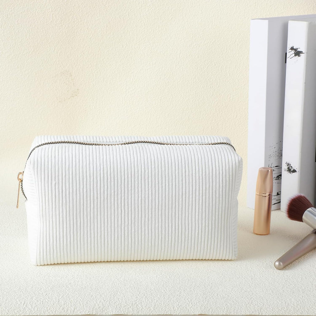 Makeup Bag Travel Cosmetic Bag, White Stripes Makeup Pouch for Women Travel Makeup Organizer Bag, Small Plush Make up Pouch Purse Cosmetic Bags Toiletry Skincare Bag
