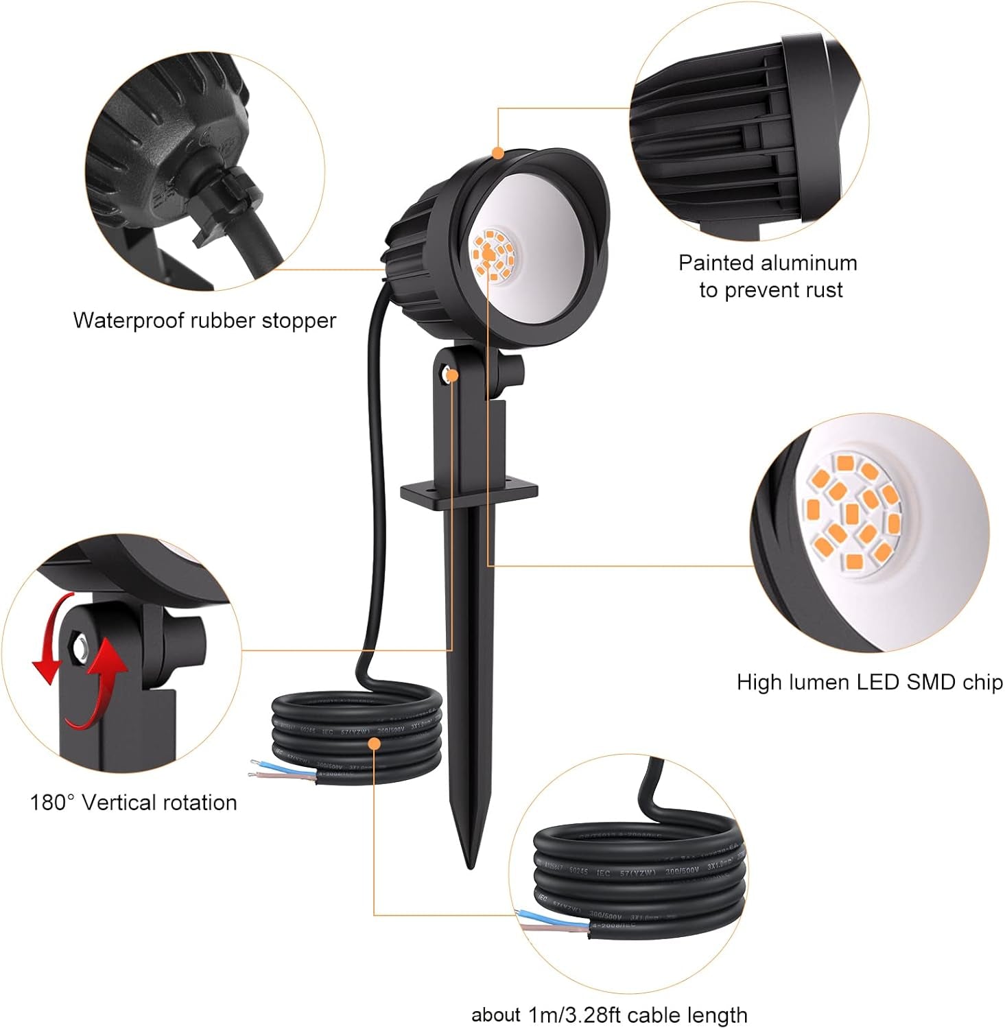 Outdoor Garden Landscape Lights 500LM Spike Lights LED Landscape Spotlights IP66 Waterproof Lawn Light Decorative Light for Garden Lawn Landscape Patio Backyard Warm White 4 Pack 1M Cable