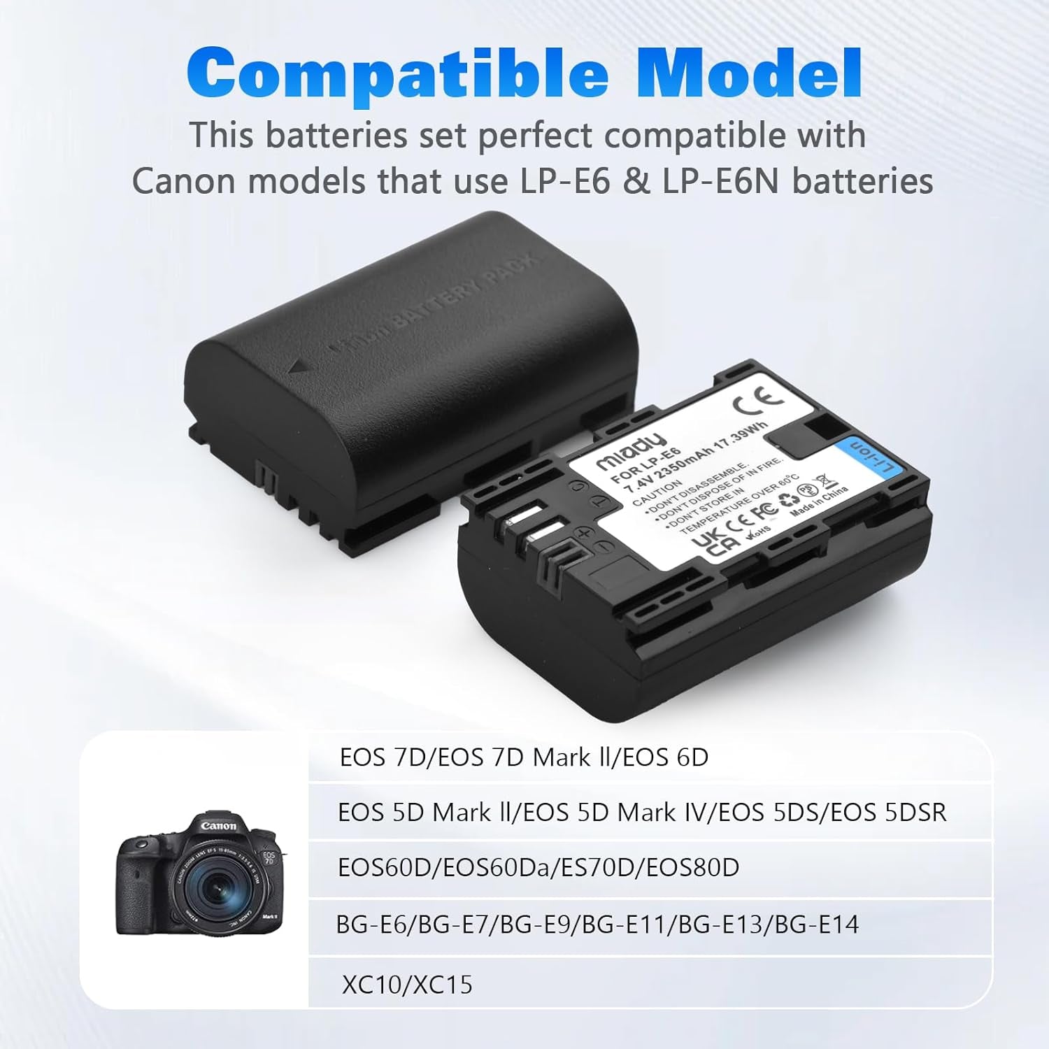 2-Pack LP-E6/LP-E6N Battery and Dual LCD Battery Charger Set - Compatible with EOS 5D Mark II, 5D Mark IV, 6D, 7D, 60D, 70D, 80D, 2350Mah/7.4V