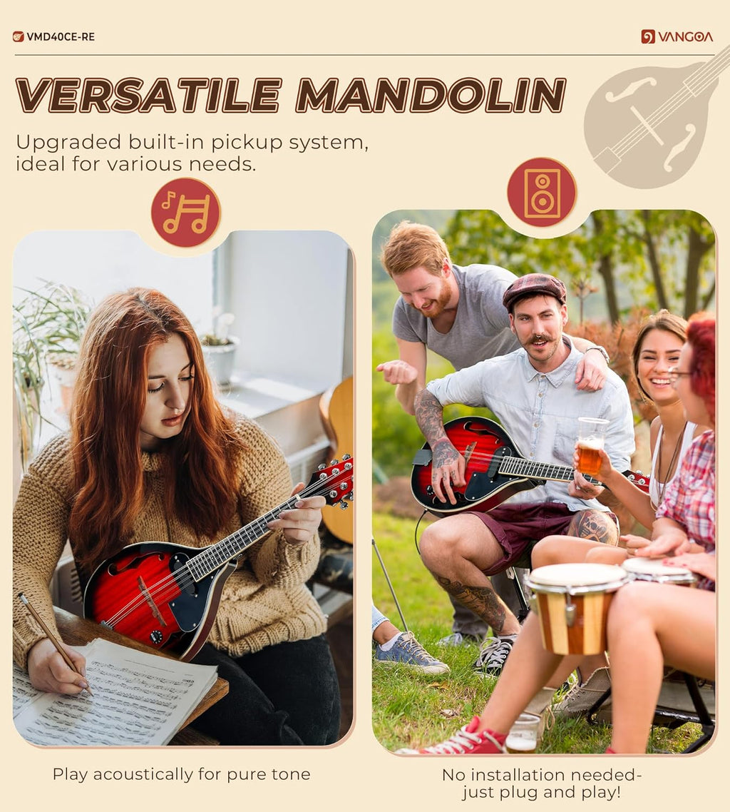 a Style Mandolin Acoustic Electric Mandolins Instrument for Beginner Red Sunburst Mahogany with Gig Bag Picks Strings Tuner Strap