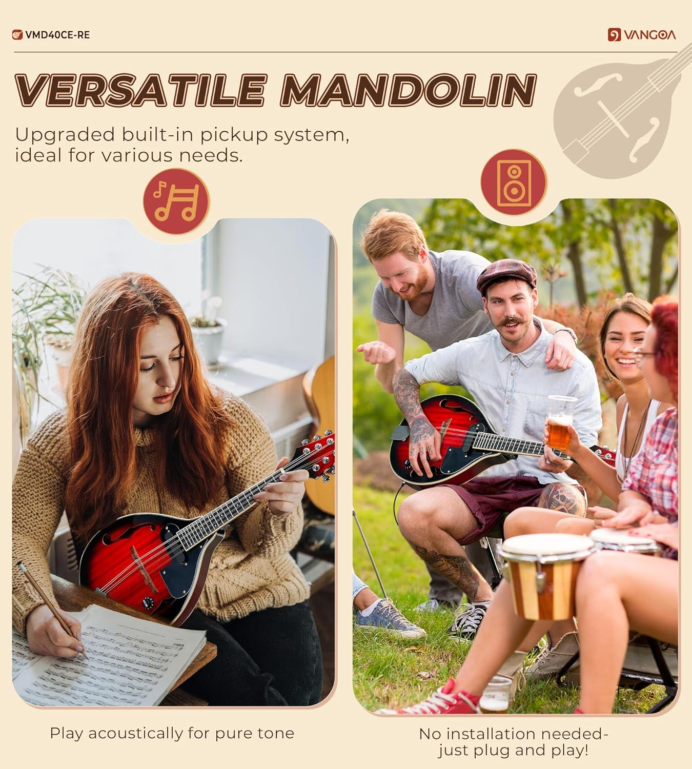 a Style Mandolin Acoustic Electric Mandolins Instrument for Beginner Red Sunburst Mahogany with Gig Bag Picks Strings Tuner Strap