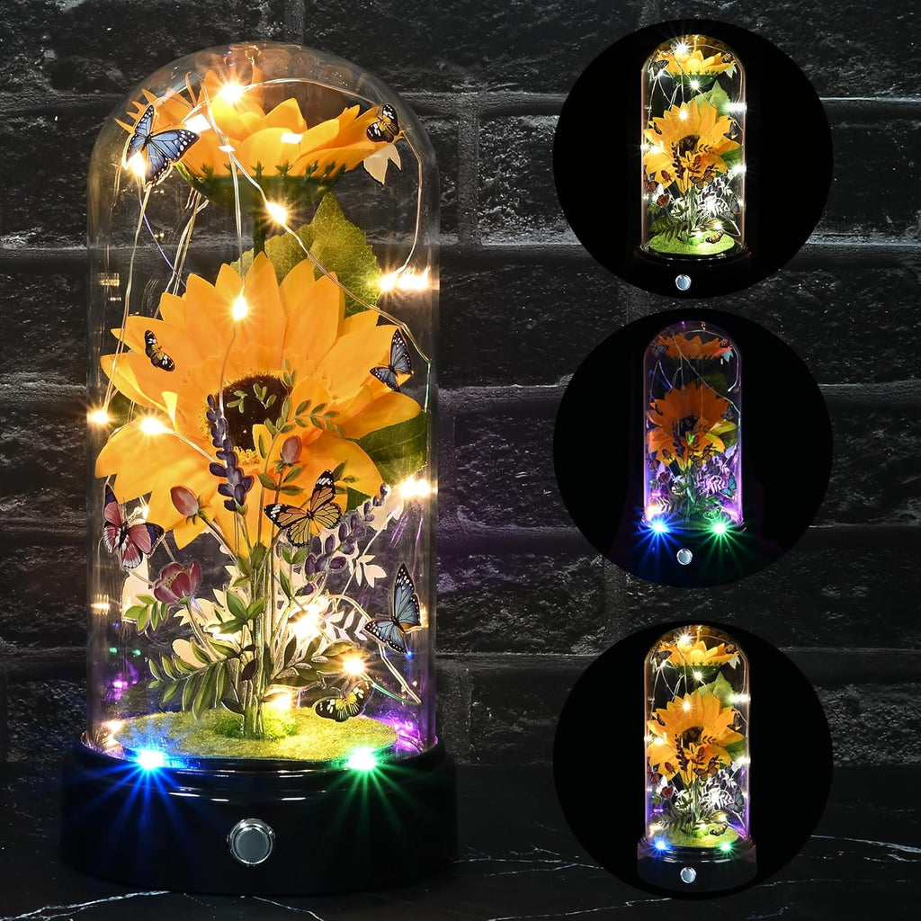 Mothers Day Flower Gifts for Mum, Artificial Sunflower in Glass Dome, Light up Flower Is Unusual Sunflower Gifts for Women/Mum/Wife/Her on Valentines Day Mothers Day Anniversary Birthday Christmas