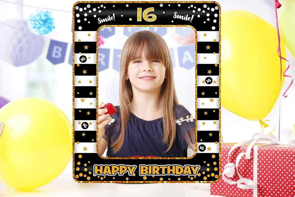 16Th Birthday Photo Booth Props,Black Gold Inflatable Selfie Frame Picture Frame,Giant Inflatable Party Photo Booth Frame for Girls Boys 16Th Birthday Party Decorations Supplies,Girls Boys Favor Gift
