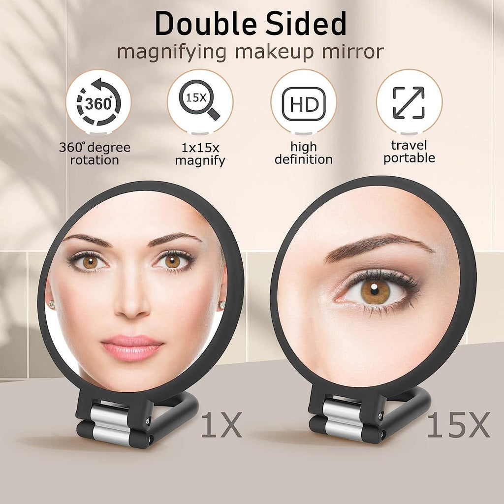 Magnifying Handheld Mirror Double Sided, 1X 15X Magnification Hand Mirrors, Travel Folding Hand Held Mirror, 360°Rotation Pedestal Makeup Vanity Mirror