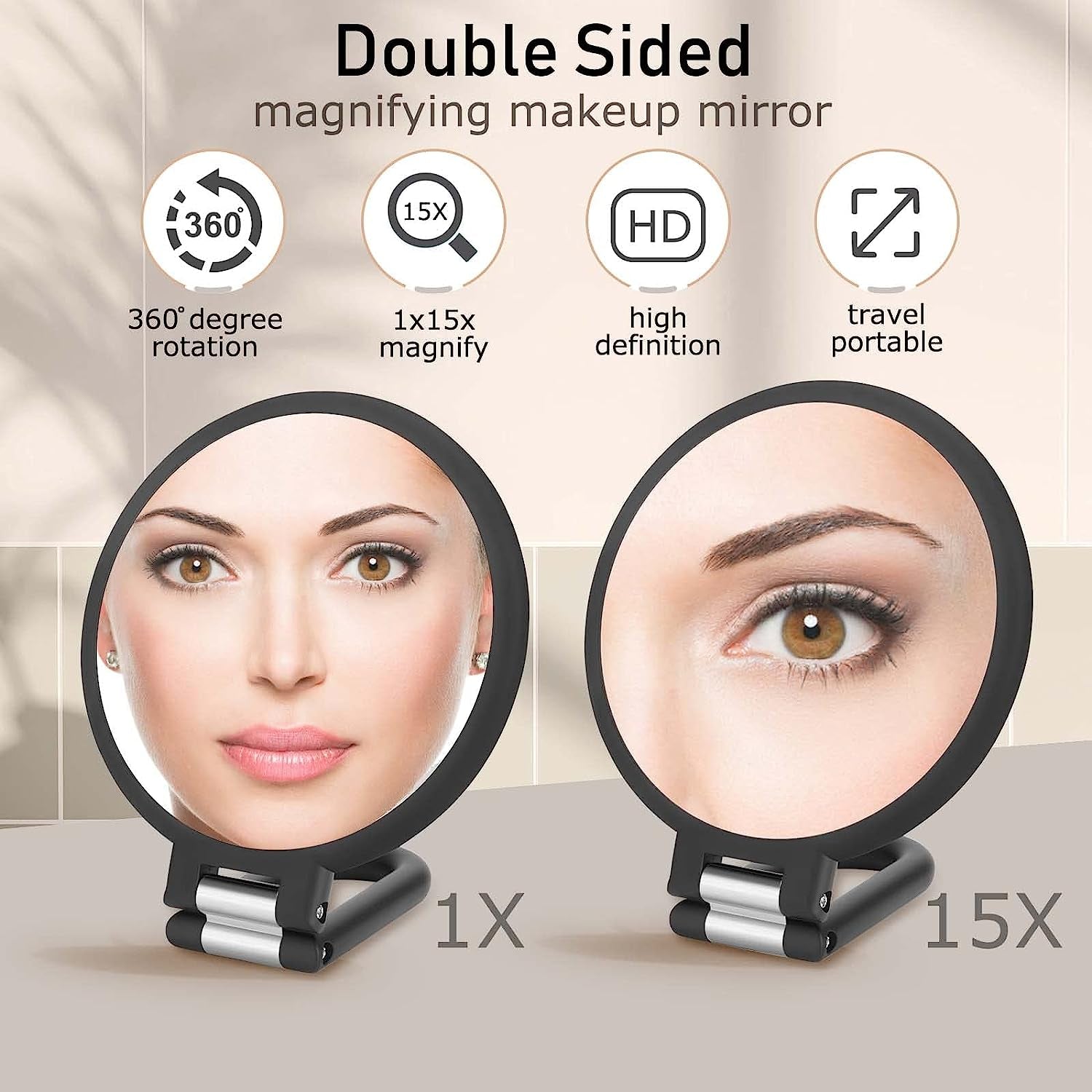 Magnifying Handheld Mirror Double Sided, 1X 15X Magnification Hand Mirrors, Travel Folding Hand Held Mirror, 360°Rotation Pedestal Makeup Vanity Mirror