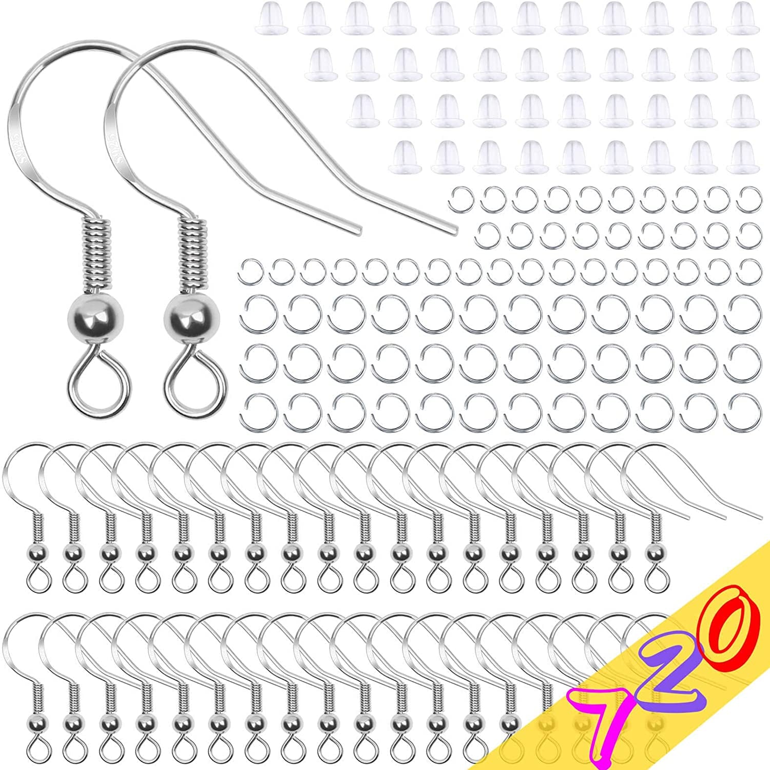 720Pcs Earring Making Kit with Hypoallergenic Earring Hooks, Backs and Jump Rings