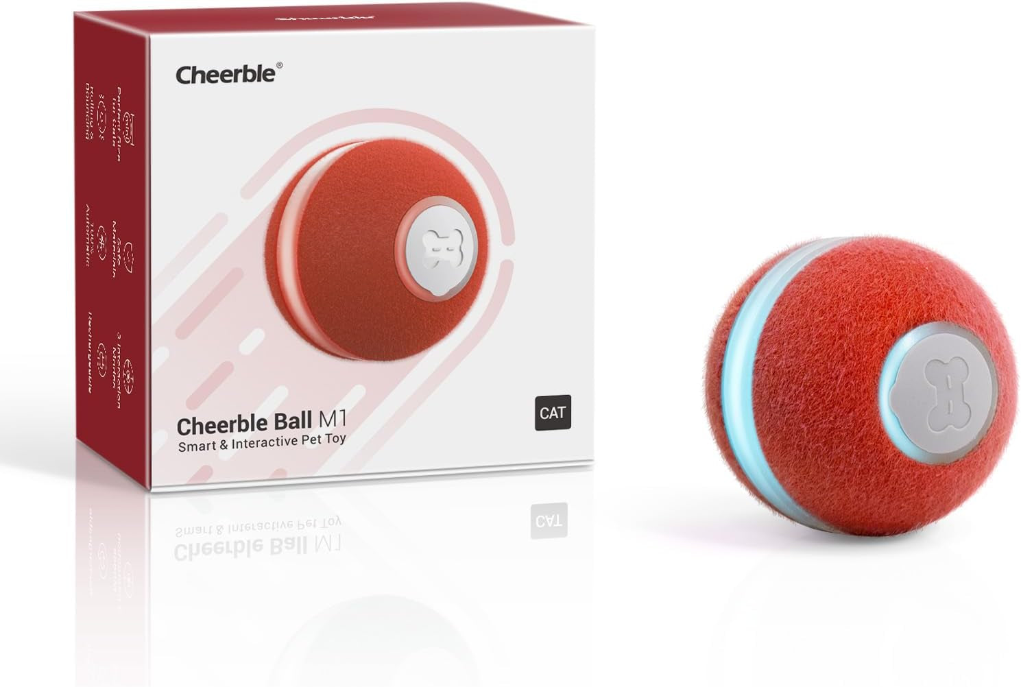 Interactive Cat Ball Toy, Electric Self Rolling Ball for Indoor Cat Kitten, 3 Modes with LED Lights, Red