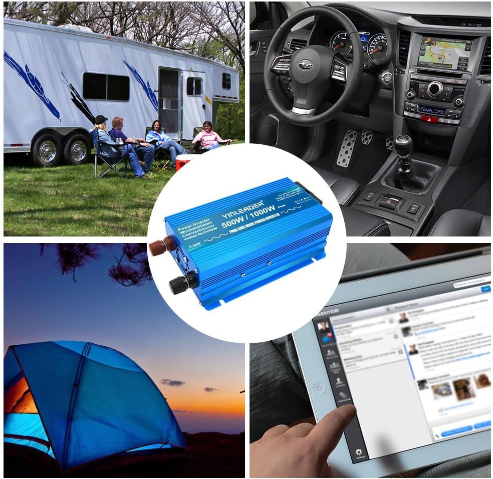 Pure Sine Wave Power Inverter 500W DC 12V to 240V AC Car Power Converter /1000W (Peak) with 2 USB Ports 1 AC Socket for Charge Phone, Pad, Laptop, LED