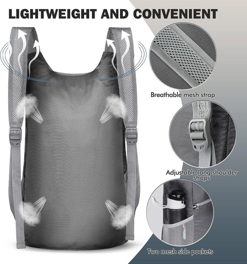 Lightweight Packable Backpack 14L - Foldable Backpack Small Daypack Hiking Backpack Water-Resistant Day Bag for Travel(Medium Grey)
