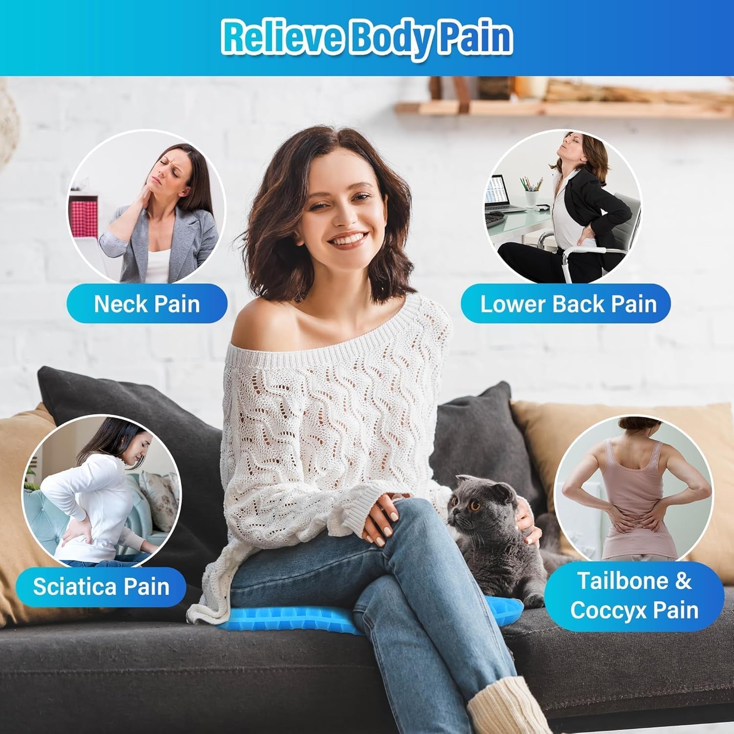 1.18Inch Thick Soft Sitter Cushion Gel Seat Breathable Sciatica Pain Cushion for Long Sitting Home Office Car，Cushions for Sitting Pressure Sore Cool Honeycomb Cushion for Pressure Relief