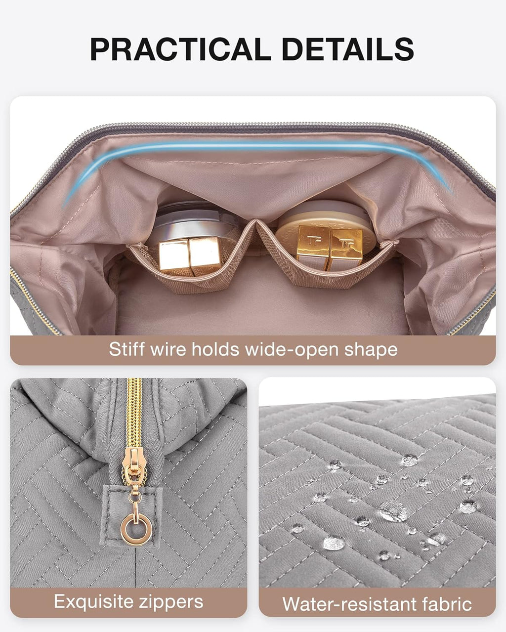 Travel Makeup Bag, Cosmetic Bag Make up Organizer Case,Large Wide-Open Pouch for Women Purse for Toiletries Accessories Brushes (Grey)